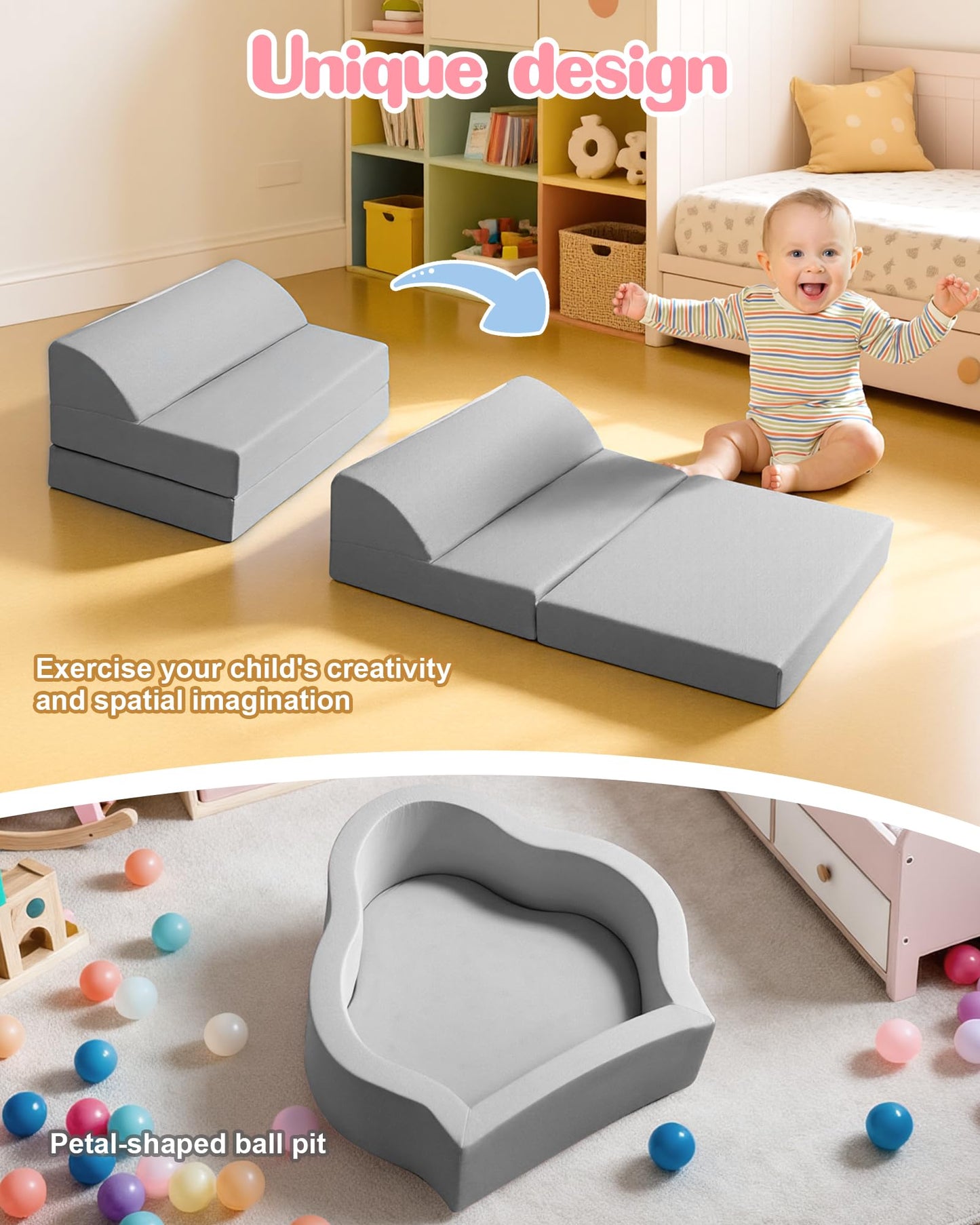 Markdang Soft Play Set: Baby Foam Climbing Blocks with Anti-Slip Base & Velcro Connectors (Grey)