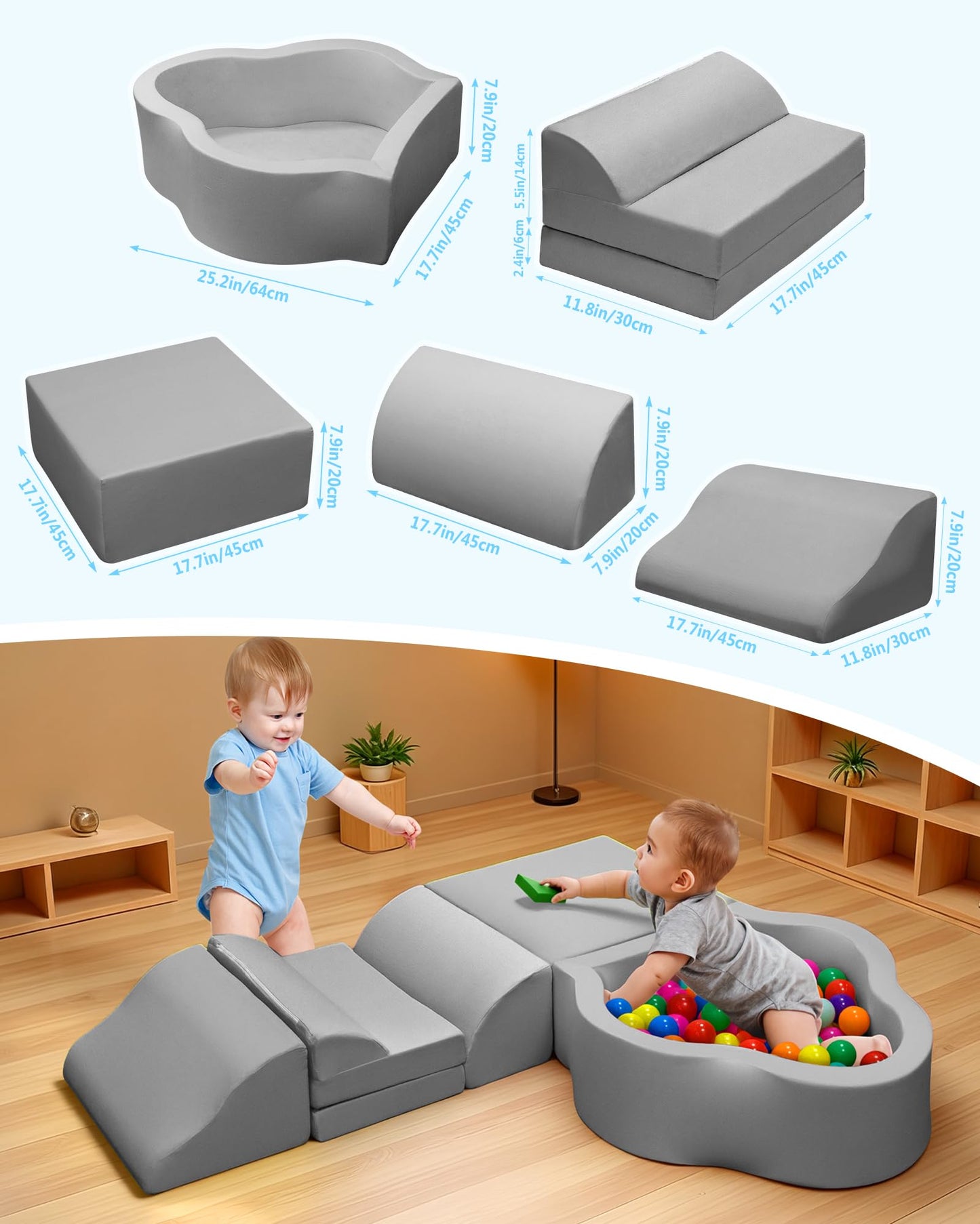 Markdang Soft Play Set: Baby Foam Climbing Blocks with Anti-Slip Base & Velcro Connectors (Grey)