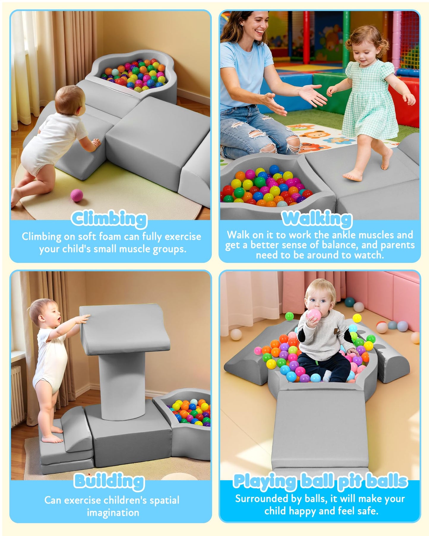 Markdang Soft Play Set: Baby Foam Climbing Blocks with Anti-Slip Base & Velcro Connectors (Grey)