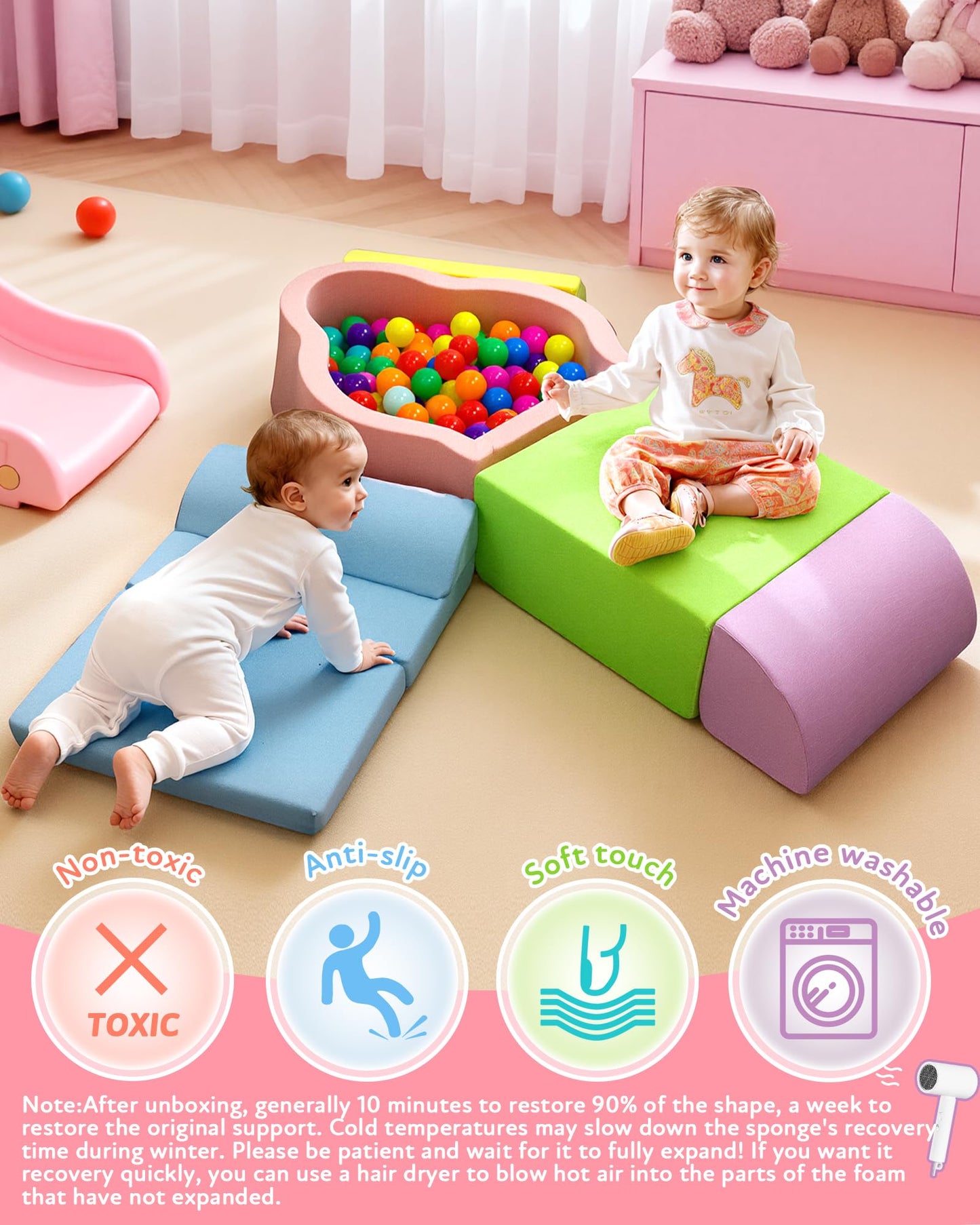 Markdang Soft Play Set – Foam Toddler Climbing Blocks with Anti-Slip Base & Velcro Connectors (6-24M)
