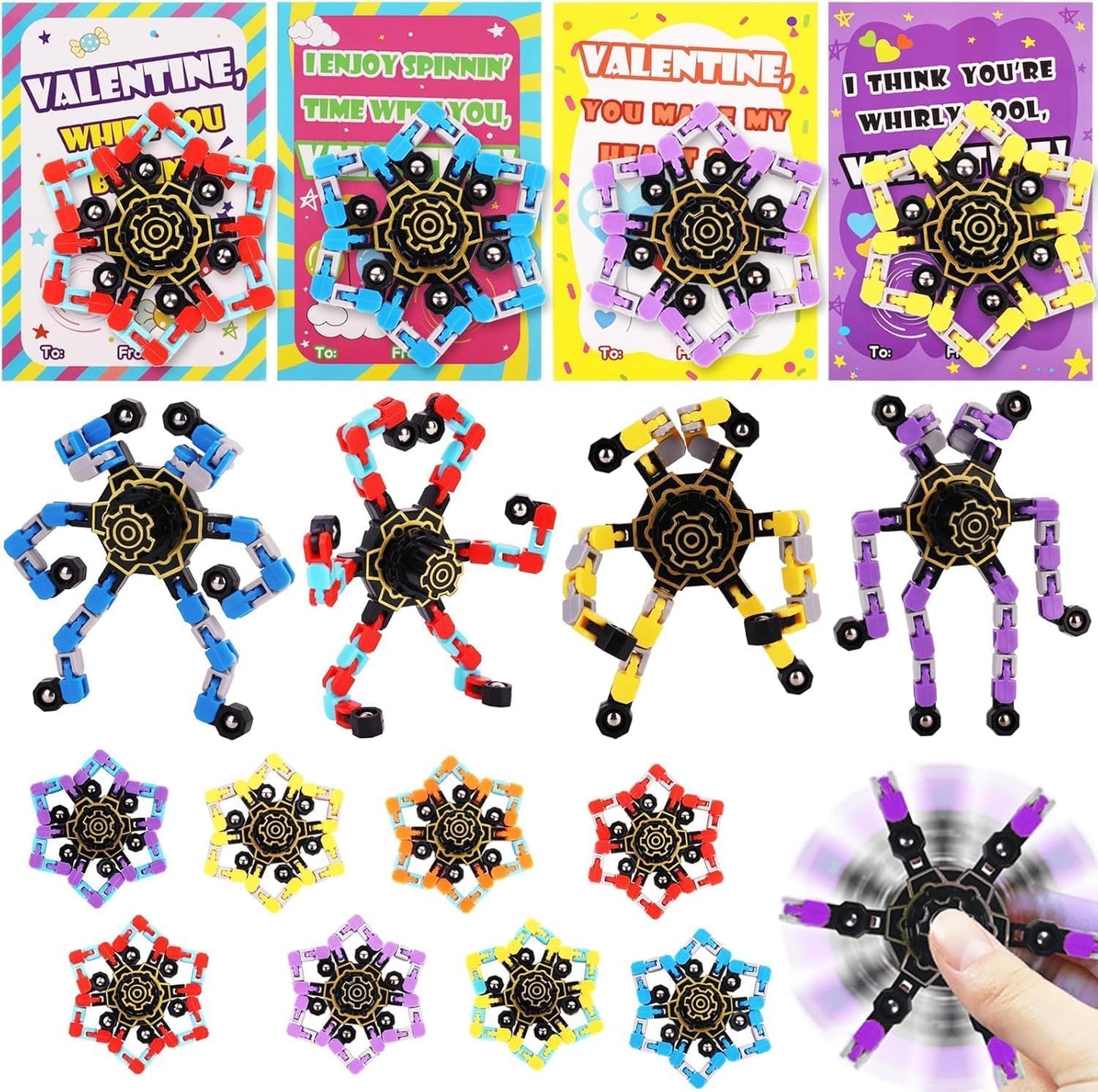 Marleysio 24 Pcs Valentine's Day Fidget Spinners for Kids – Transformable Sensory Toys for Classroom Gifts