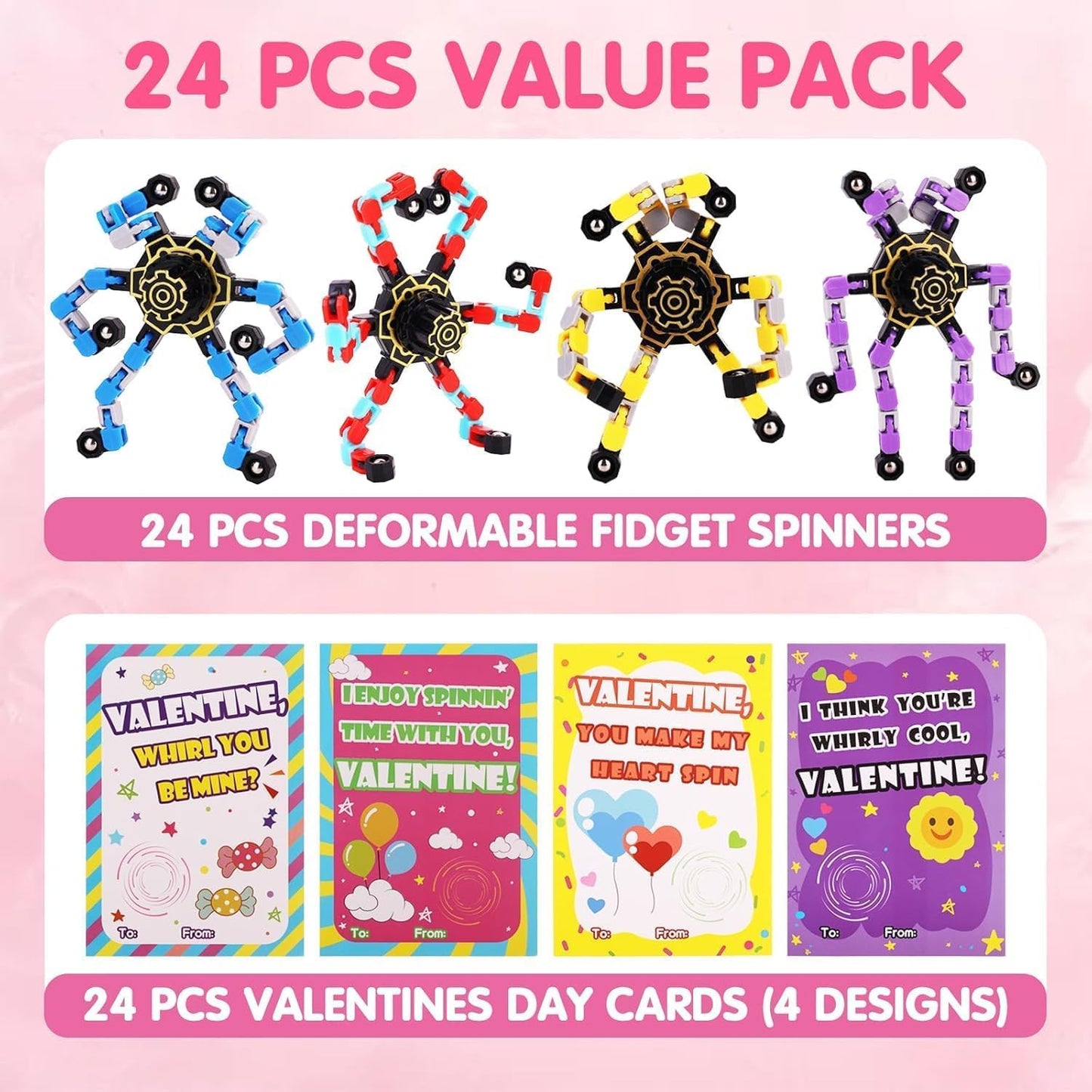 Marleysio 24 Pcs Valentine's Day Fidget Spinners for Kids – Transformable Sensory Toys for Classroom Gifts