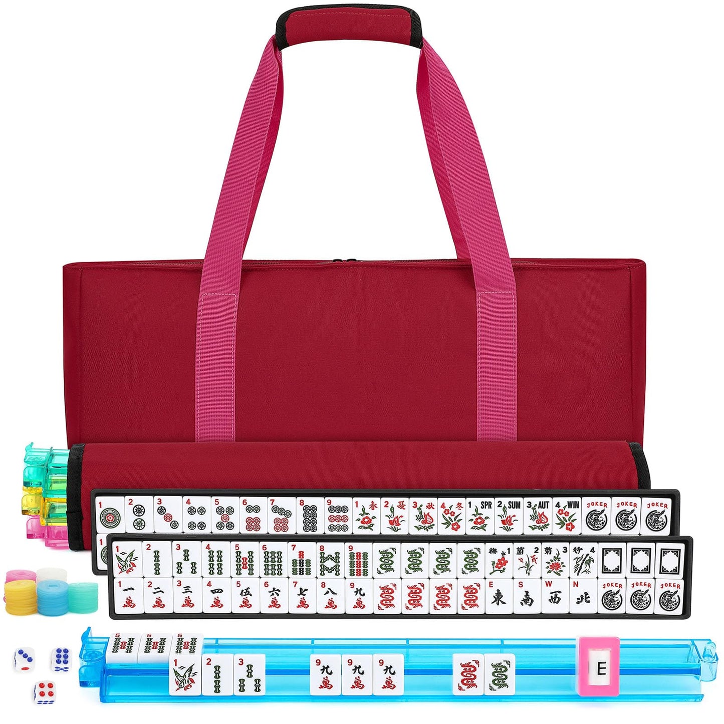 Marllifenney American Mahjong Tile Set - 166 Tiles, 4 Color Racks, Travel Set with Red Carrying Bag