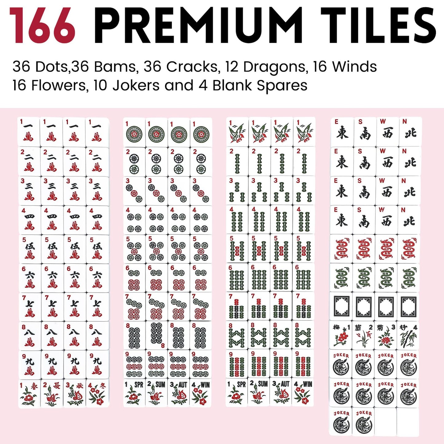 Marllifenney American Mahjong Tile Set - 166 Tiles, 4 Color Racks, Travel Set with Red Carrying Bag