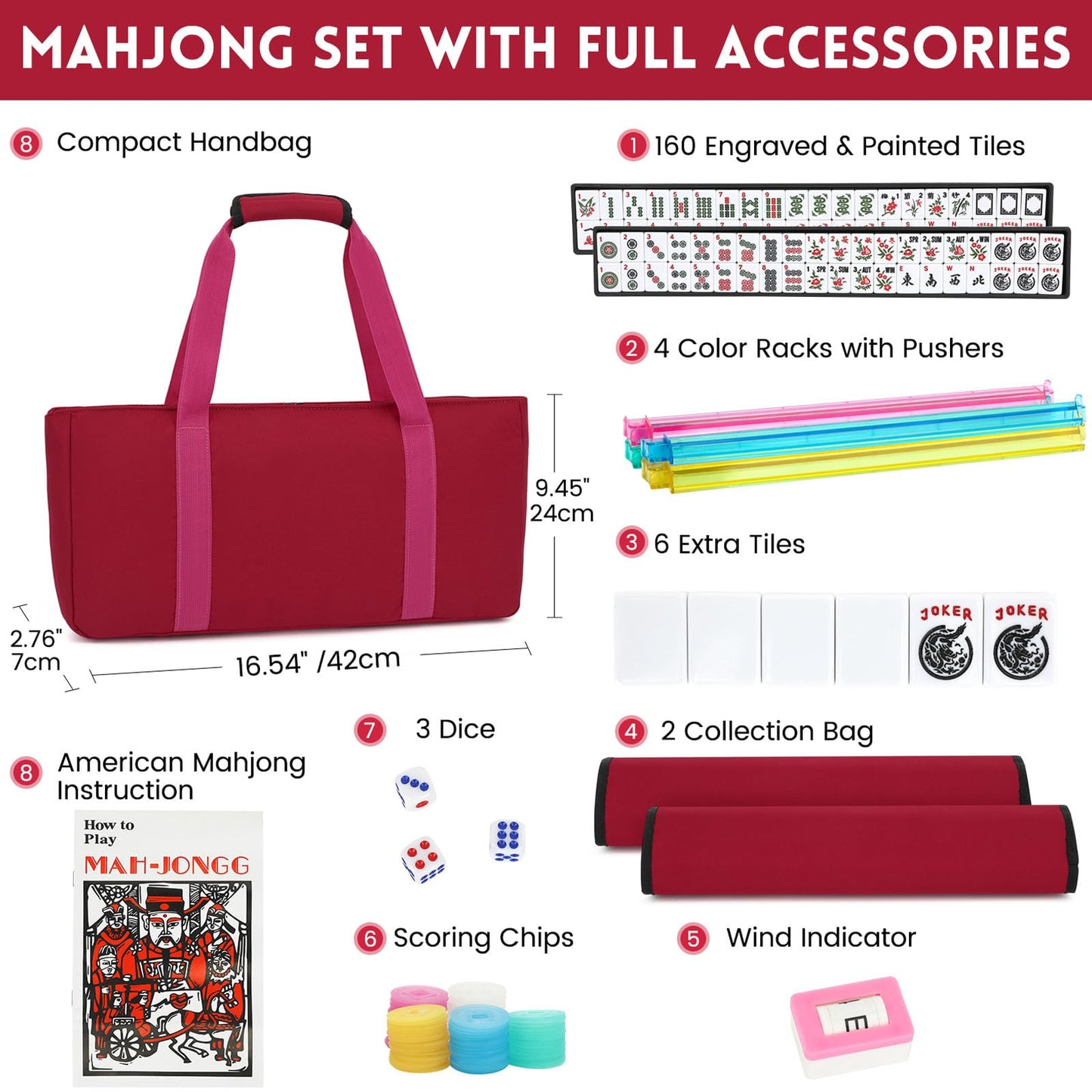 Marllifenney American Mahjong Tile Set - 166 Tiles, 4 Color Racks, Travel Set with Red Carrying Bag