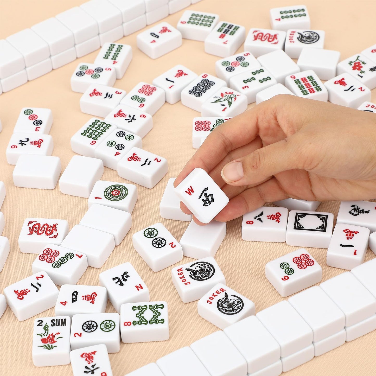 Marllifenney American Mahjong Tile Set - 166 Tiles, 4 Color Racks, Travel Set with Red Carrying Bag