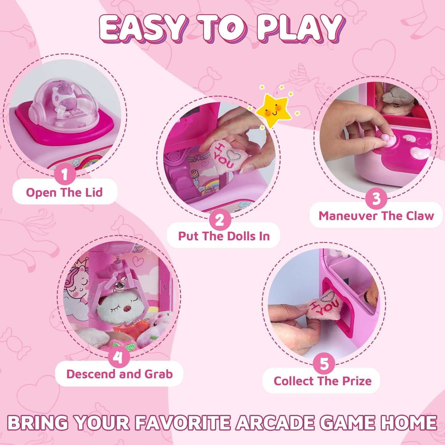 Marlrin Claw Machine for Kids — Unicorn Candy Grabber with 20 Plush Toys