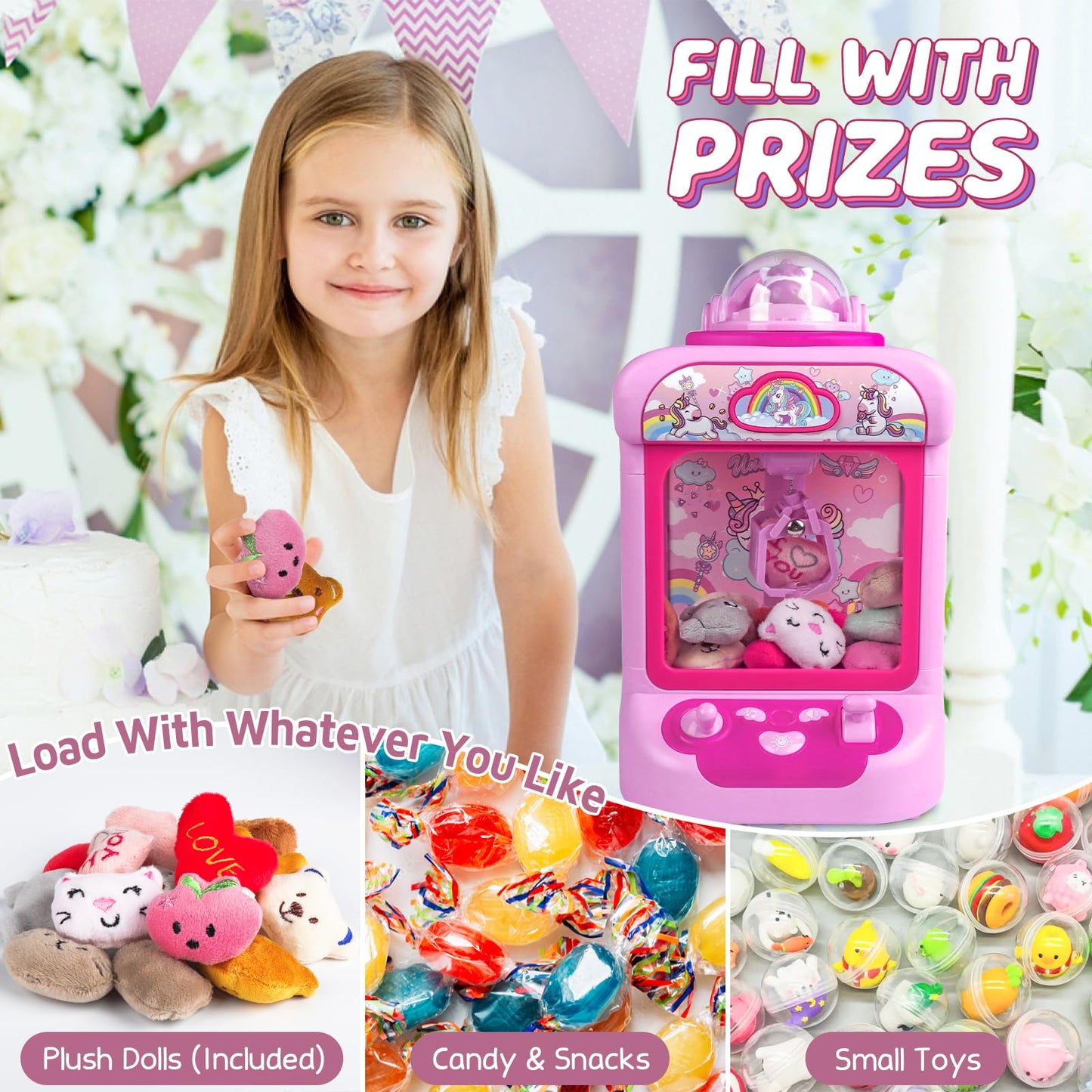 Marlrin Claw Machine for Kids — Unicorn Candy Grabber with 20 Plush Toys
