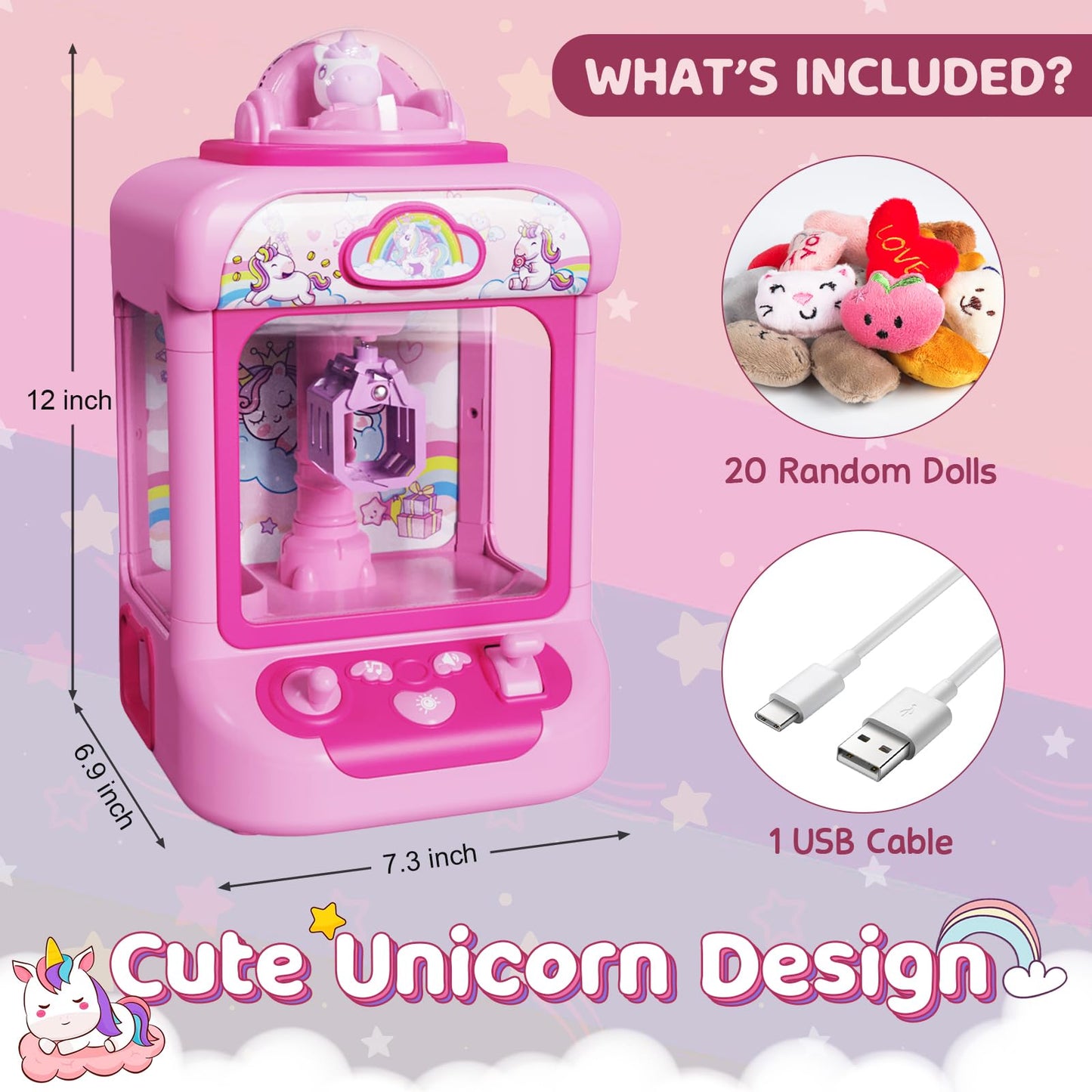 Marlrin Claw Machine for Kids — Unicorn Candy Grabber with 20 Plush Toys