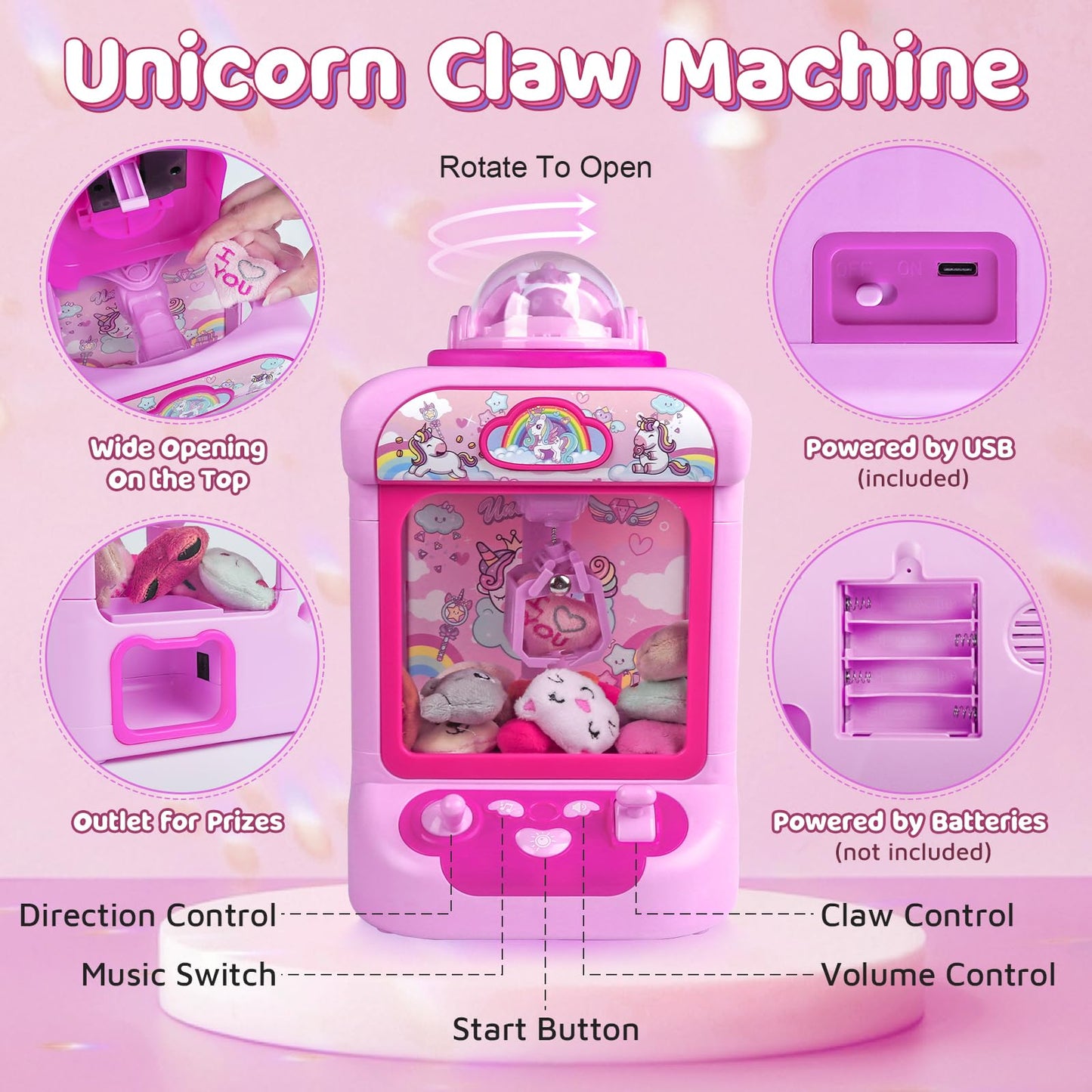 Marlrin Claw Machine for Kids — Unicorn Candy Grabber with 20 Plush Toys