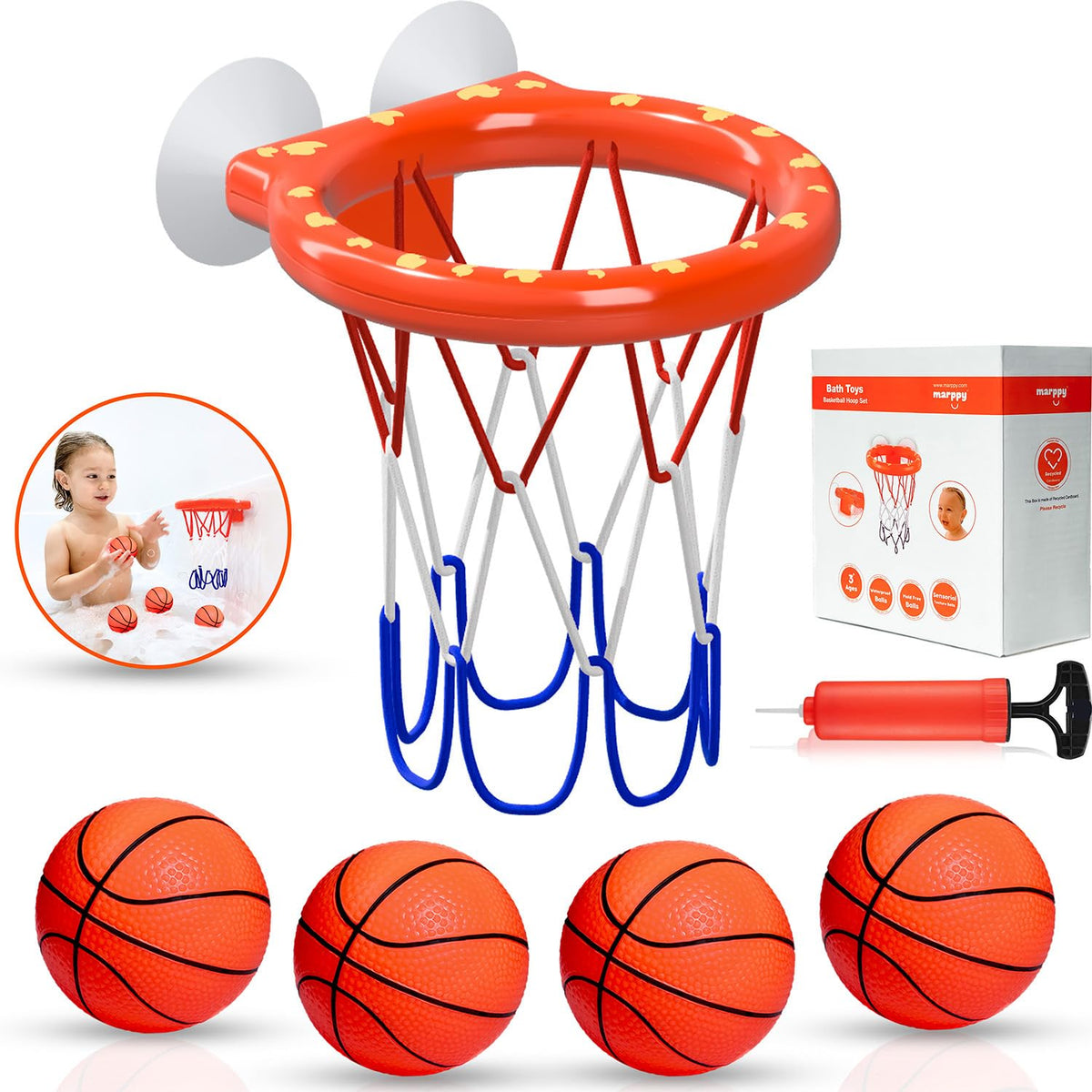 MARPPY Bath Toys – Bathtub Basketball Hoop with 4 Soft Balls | Strong Suction Cups & Durable Design