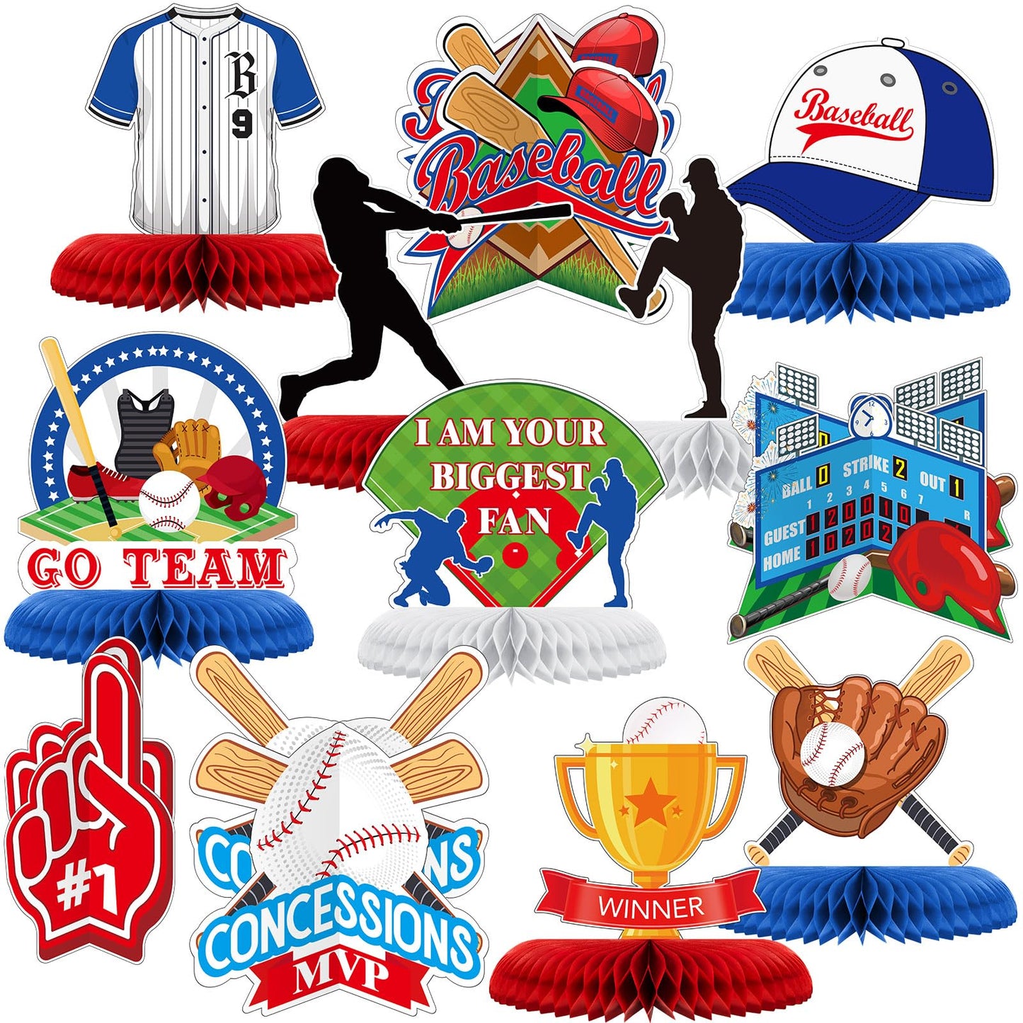 Marspark 12 Pcs Baseball Centerpieces & Honeycomb Table Decor – Sports Birthday Party Supplies