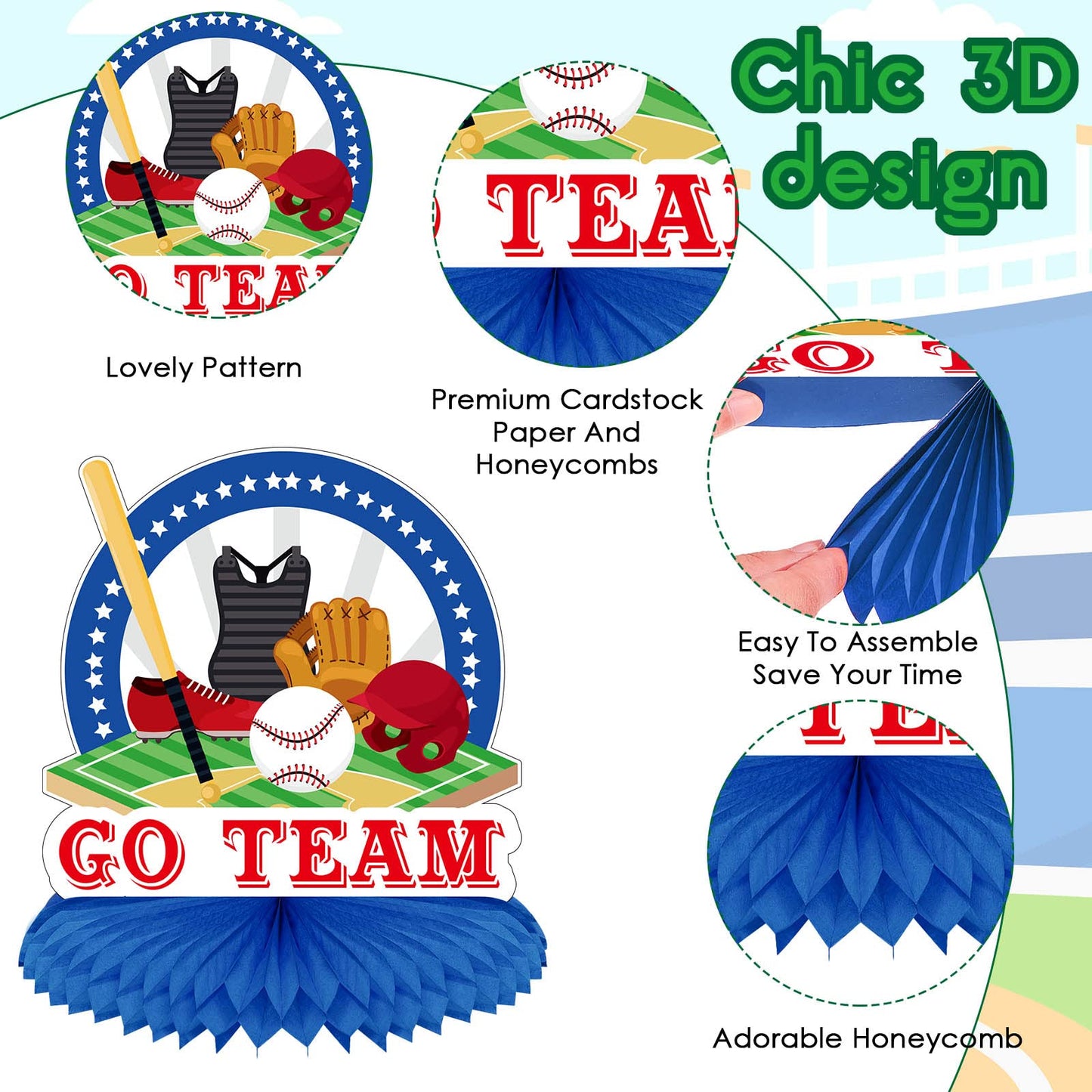 Marspark 12 Pcs Baseball Centerpieces & Honeycomb Table Decor – Sports Birthday Party Supplies