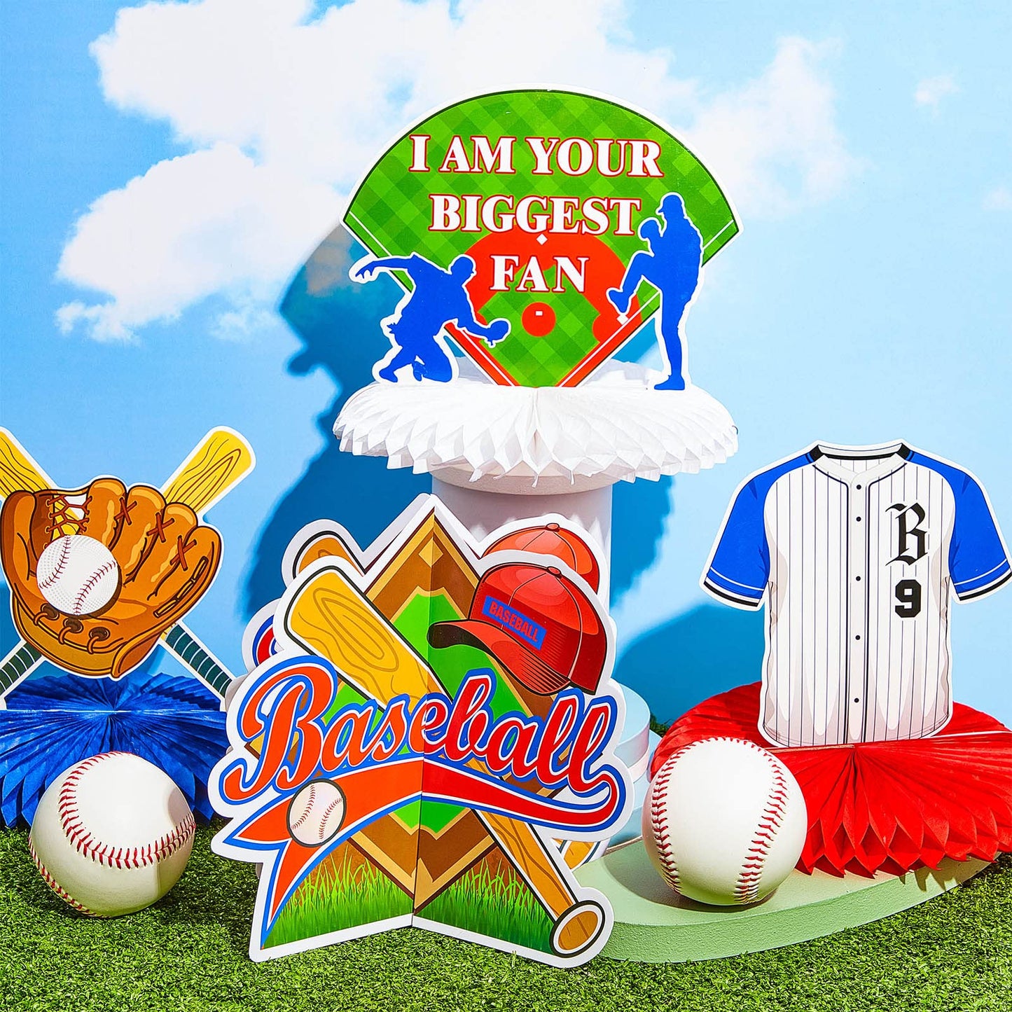 Marspark 12 Pcs Baseball Centerpieces & Honeycomb Table Decor – Sports Birthday Party Supplies