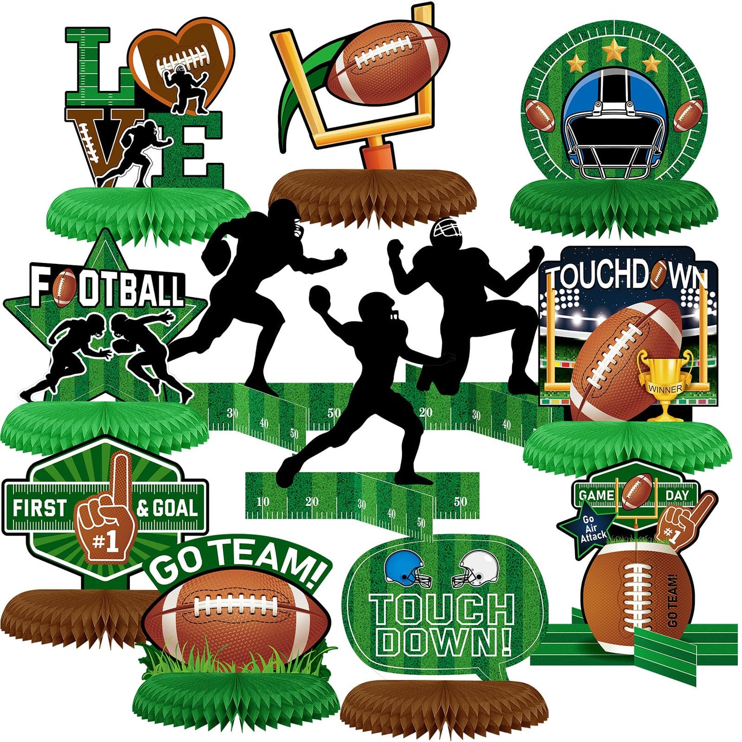 Marspark 12-Piece Football Party Decorations — Honeycomb Centerpieces & Silhouette Cutouts