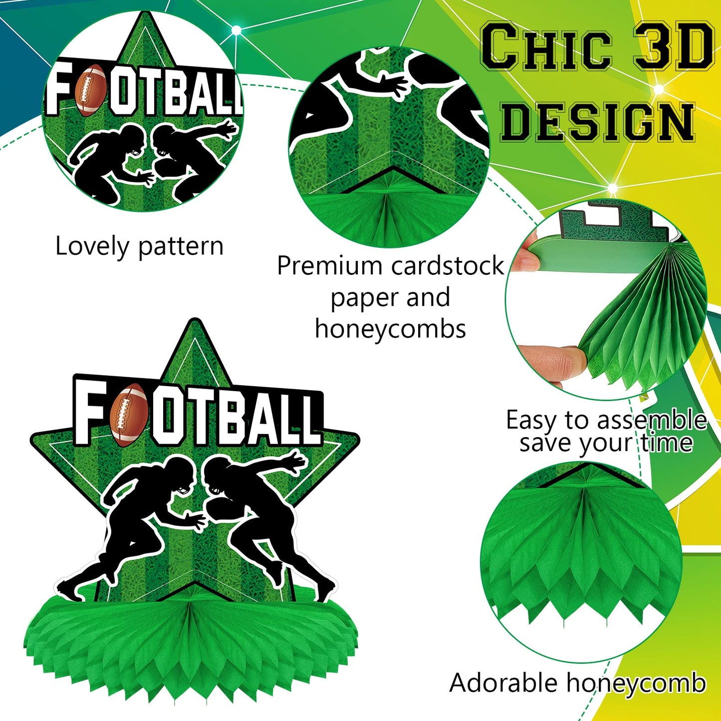 Marspark 12-Piece Football Party Decorations — Honeycomb Centerpieces & Silhouette Cutouts