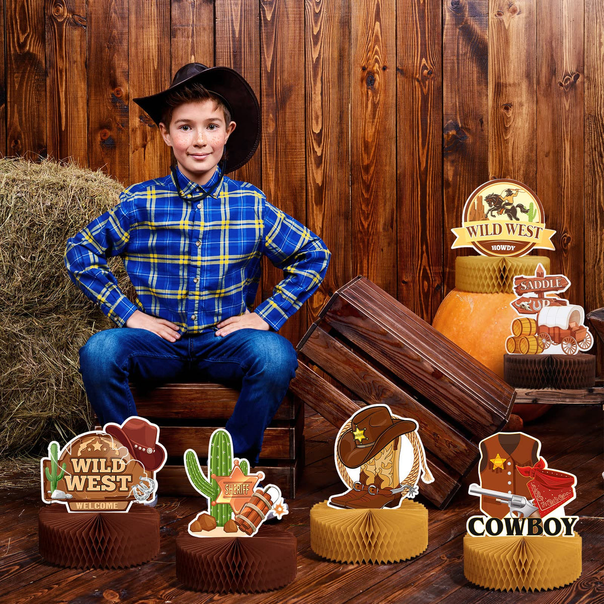 Marspark 9 Pcs Western Cowboy Honeycomb Centerpieces | Rustic Table Decor for Western Parties