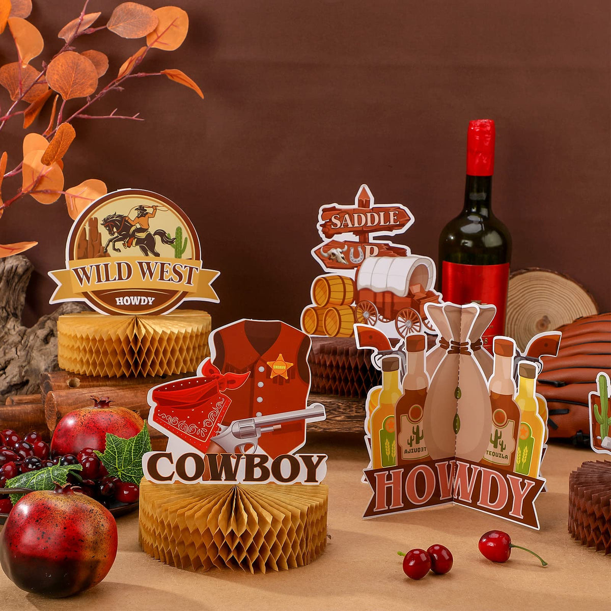 Marspark 9 Pcs Western Cowboy Honeycomb Centerpieces | Rustic Table Decor for Western Parties