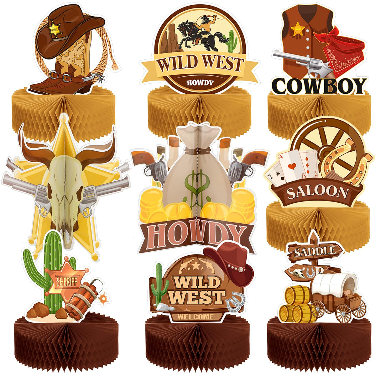 Marspark 9 Pcs Western Cowboy Honeycomb Centerpieces | Rustic Table Decor for Western Parties