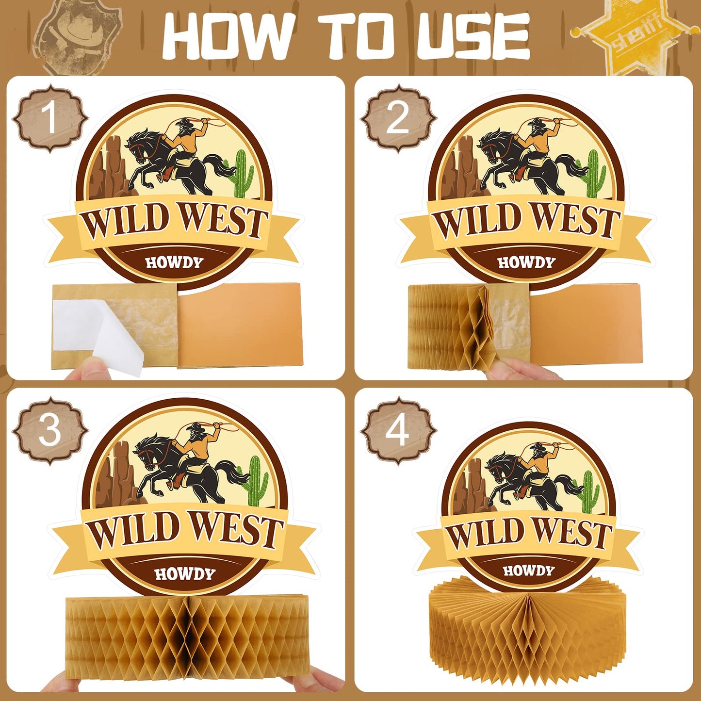 Marspark 9 Pcs Western Cowboy Honeycomb Centerpieces | Rustic Table Decor for Western Parties