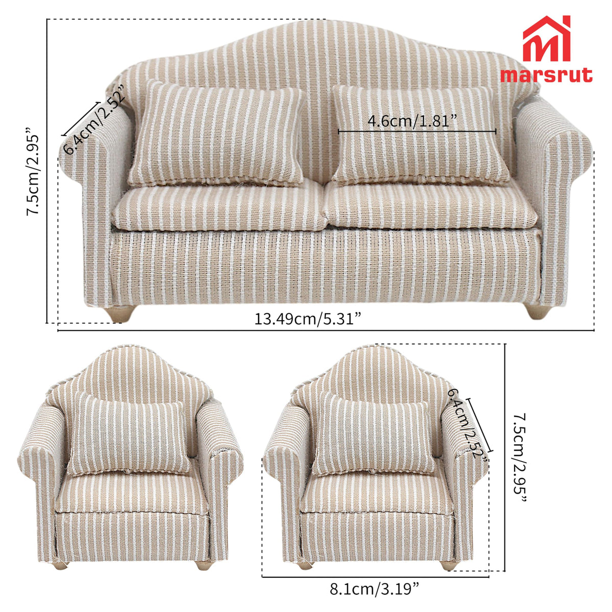 Marsrut 3pcs Dollhouse Couch Set — 1/12 Scale Miniature Sofa & Armchair with Pillows