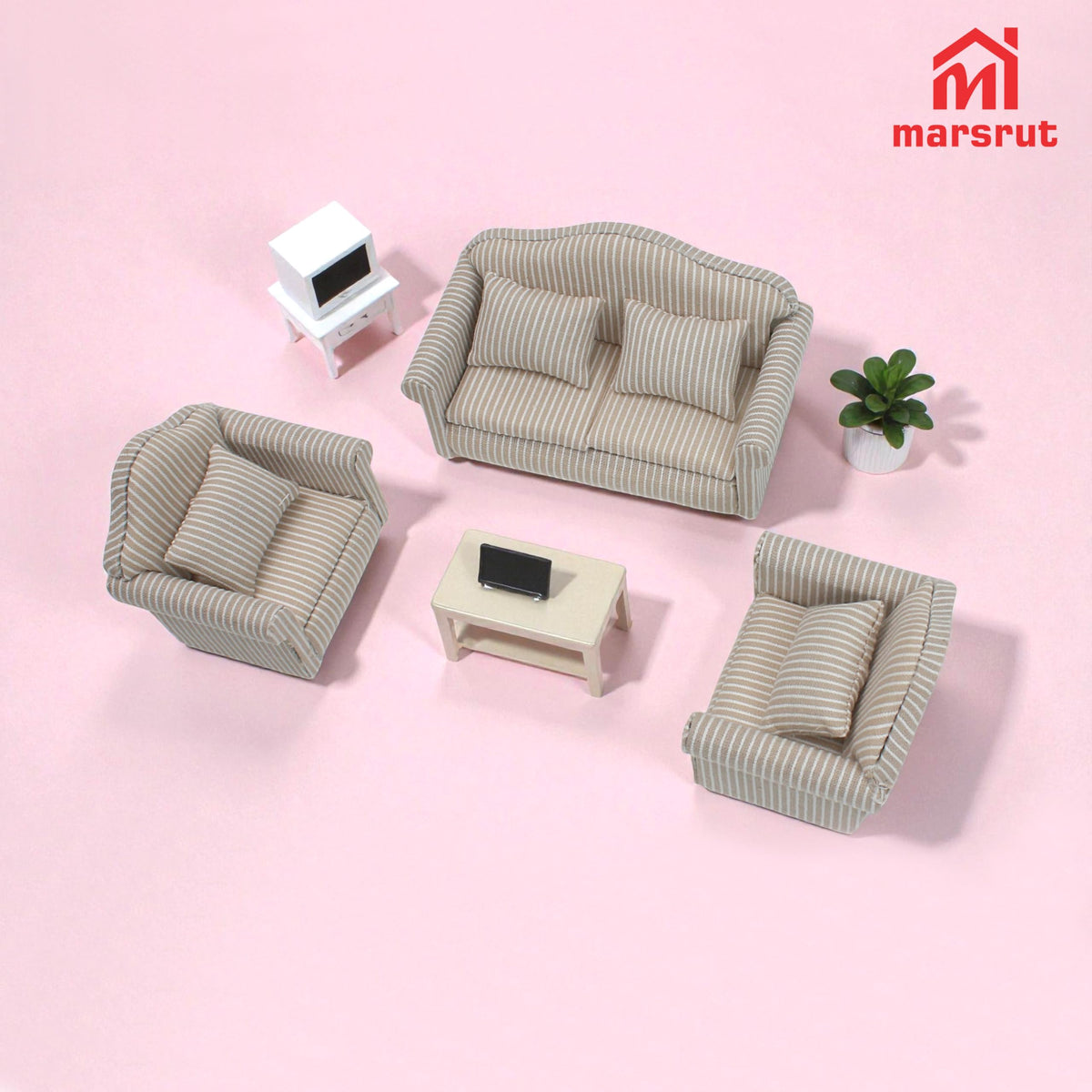 Marsrut 3pcs Dollhouse Couch Set — 1/12 Scale Miniature Sofa & Armchair with Pillows