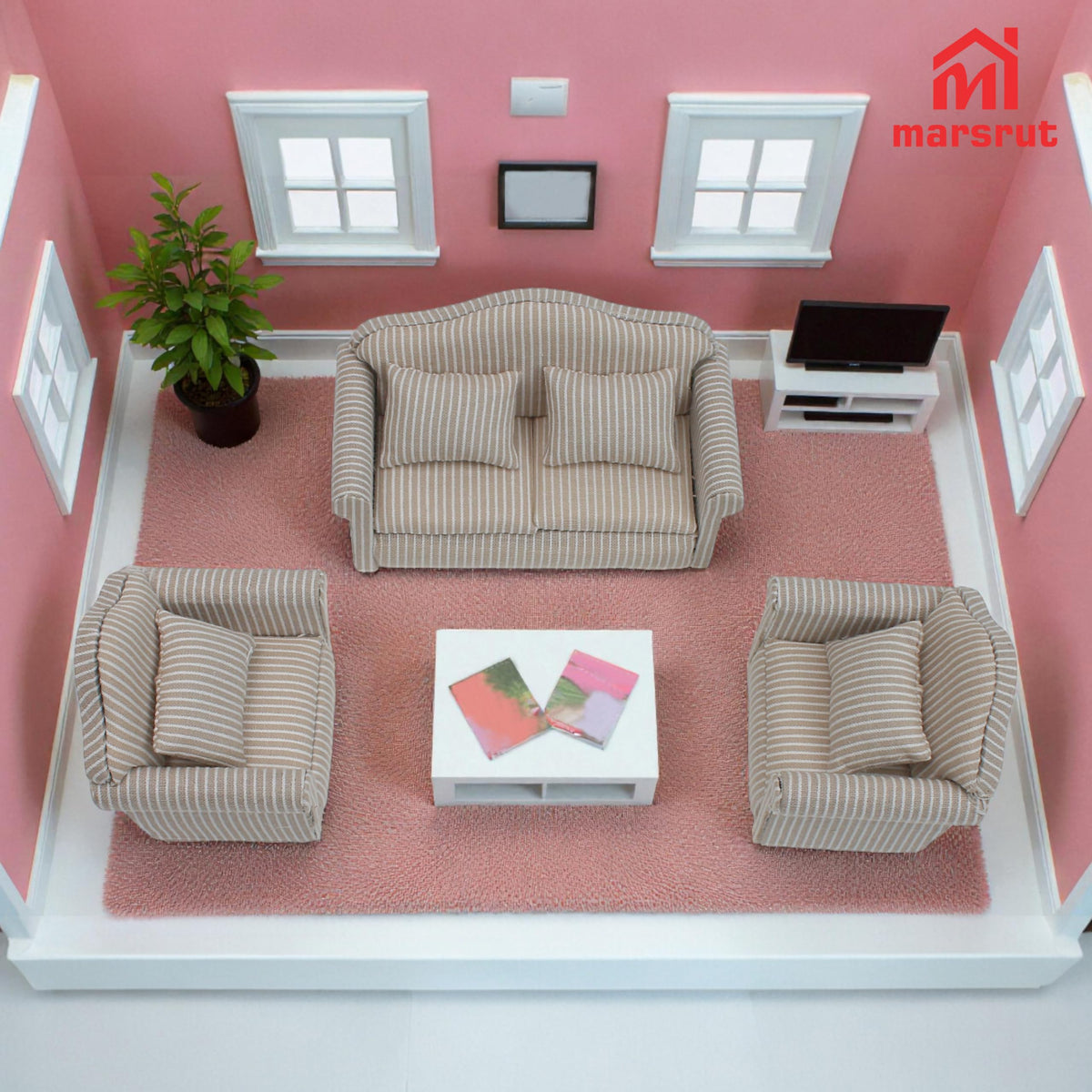 Marsrut 3pcs Dollhouse Couch Set — 1/12 Scale Miniature Sofa & Armchair with Pillows