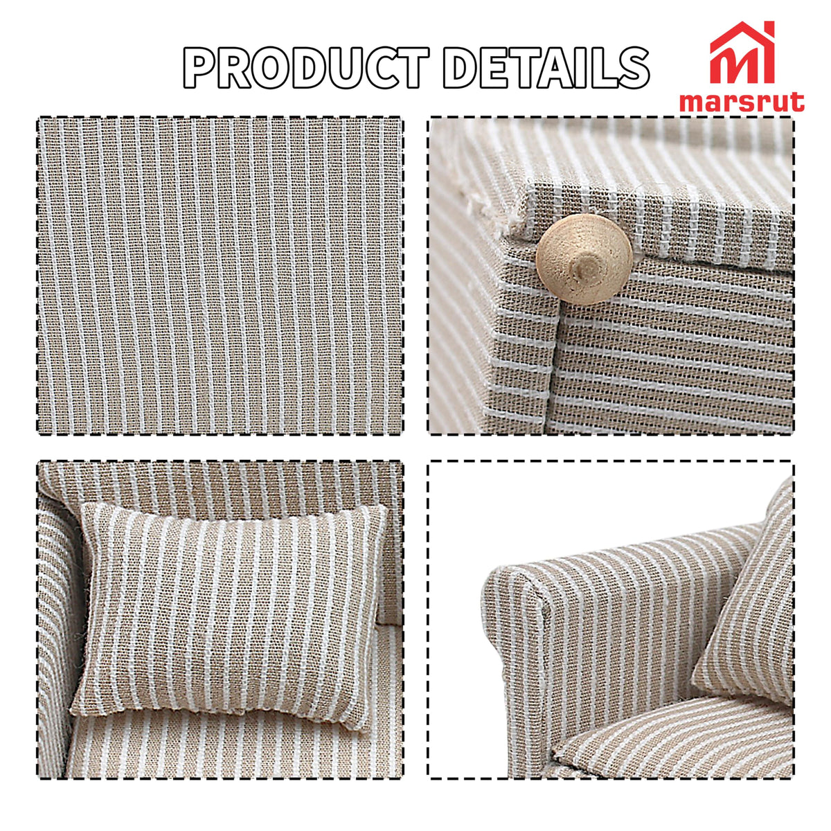Marsrut 3pcs Dollhouse Couch Set — 1/12 Scale Miniature Sofa & Armchair with Pillows
