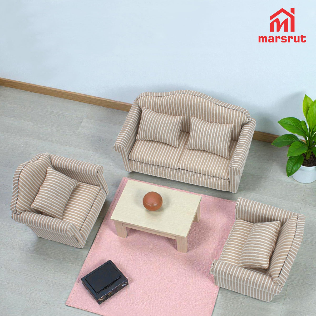 Marsrut 3pcs Dollhouse Couch Set — 1/12 Scale Miniature Sofa & Armchair with Pillows