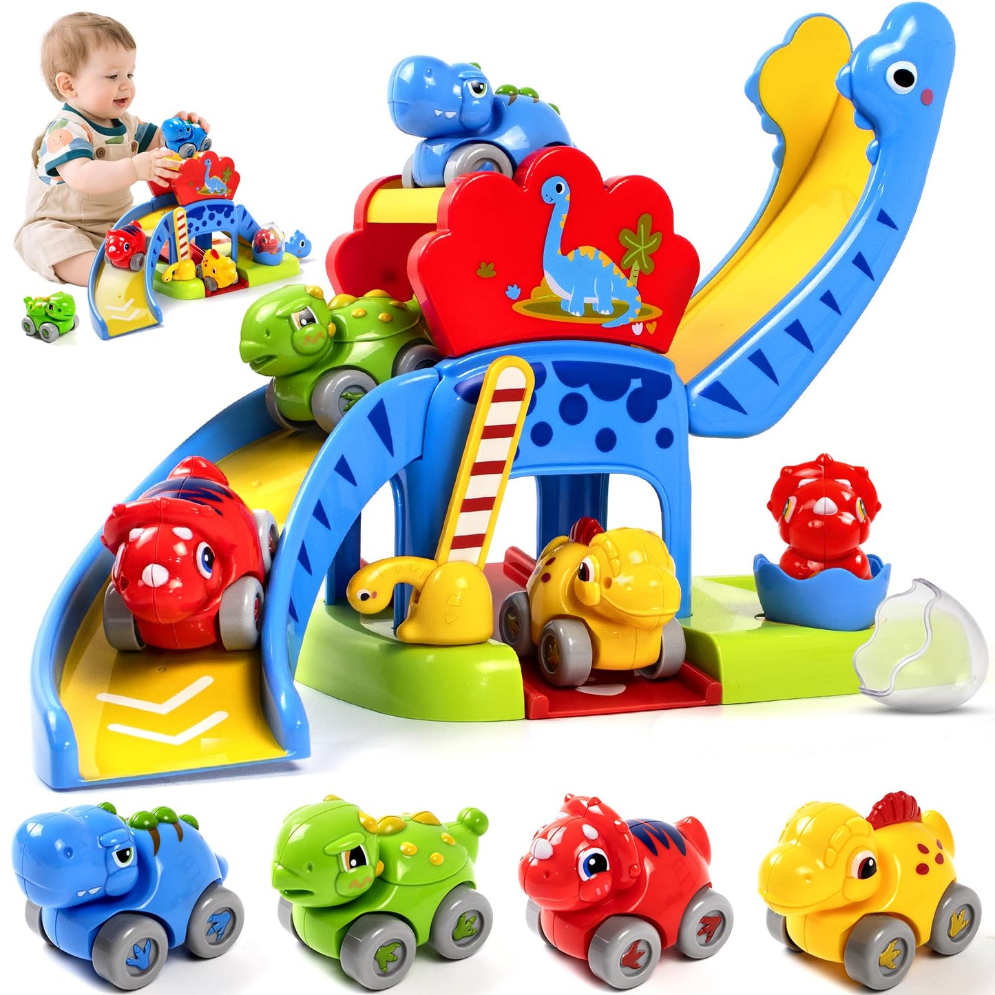 Marstone Dinosaur Slide with 4 Cars – Toddler Toys for 12–18 Months | 1st Birthday Gift for Boys & Girls
