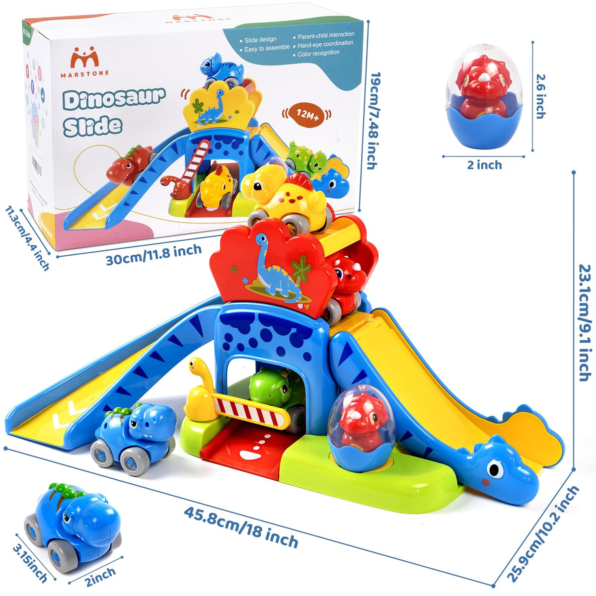 Marstone Dinosaur Slide with 4 Cars – Toddler Toys for 12–18 Months | 1st Birthday Gift for Boys & Girls