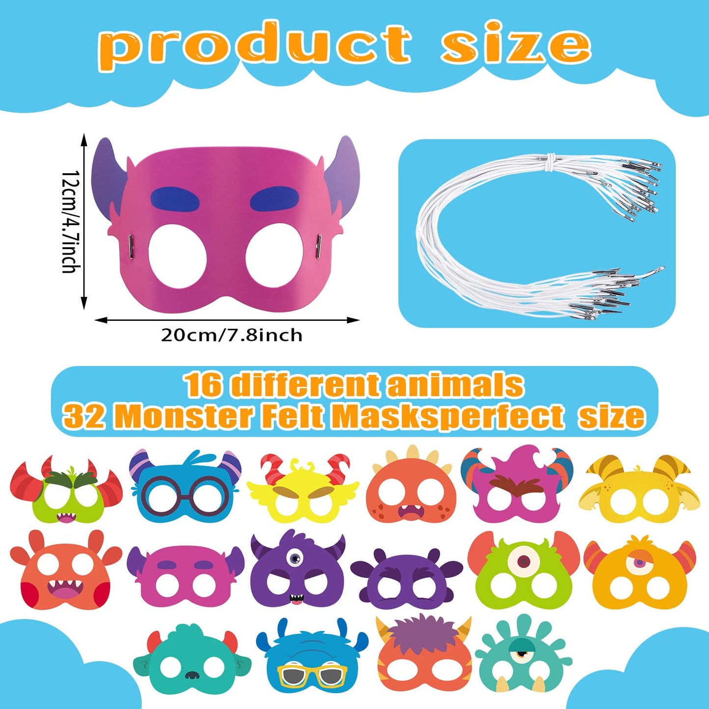 Marsui 32 Pcs Unicorn Monster Safari Kids Face Masks – Cartoon Party Decor & Birthday Supplies