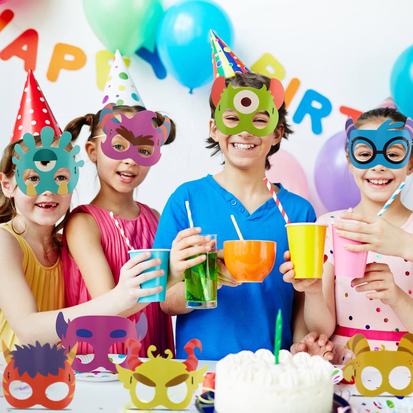 Marsui 32 Pcs Unicorn Monster Safari Kids Face Masks – Cartoon Party Decor & Birthday Supplies