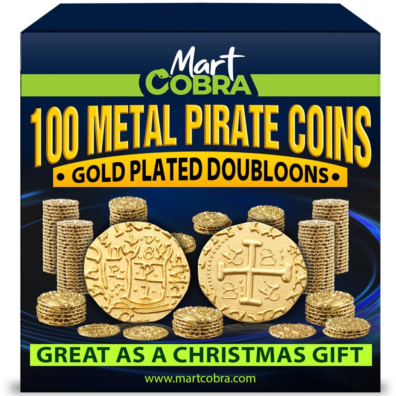 Mart Cobra Pirate Coins: 100 Gold Metal Doubloons for Kids | RPG Loot, St Patrick's Day Fun & Pirate Props