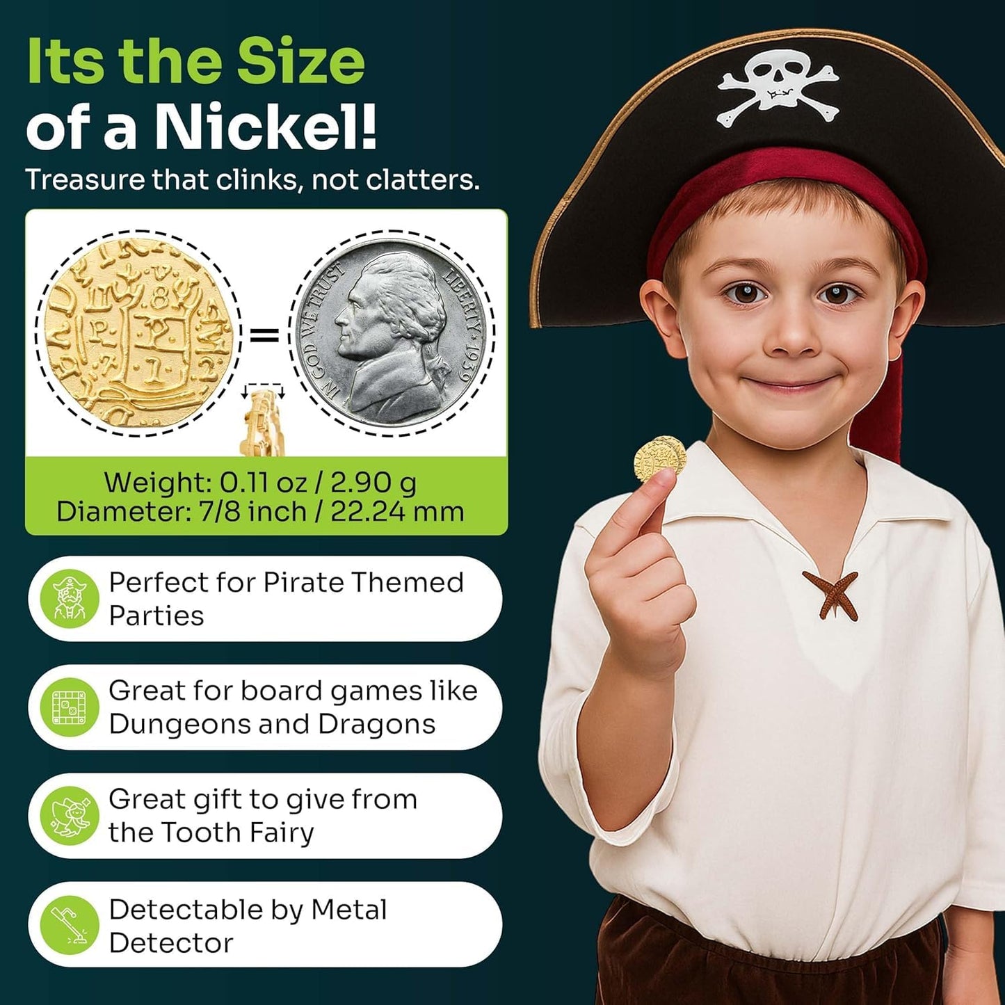 Mart Cobra Pirate Coins: 100 Gold Metal Doubloons for Kids | RPG Loot, St Patrick's Day Fun & Pirate Props