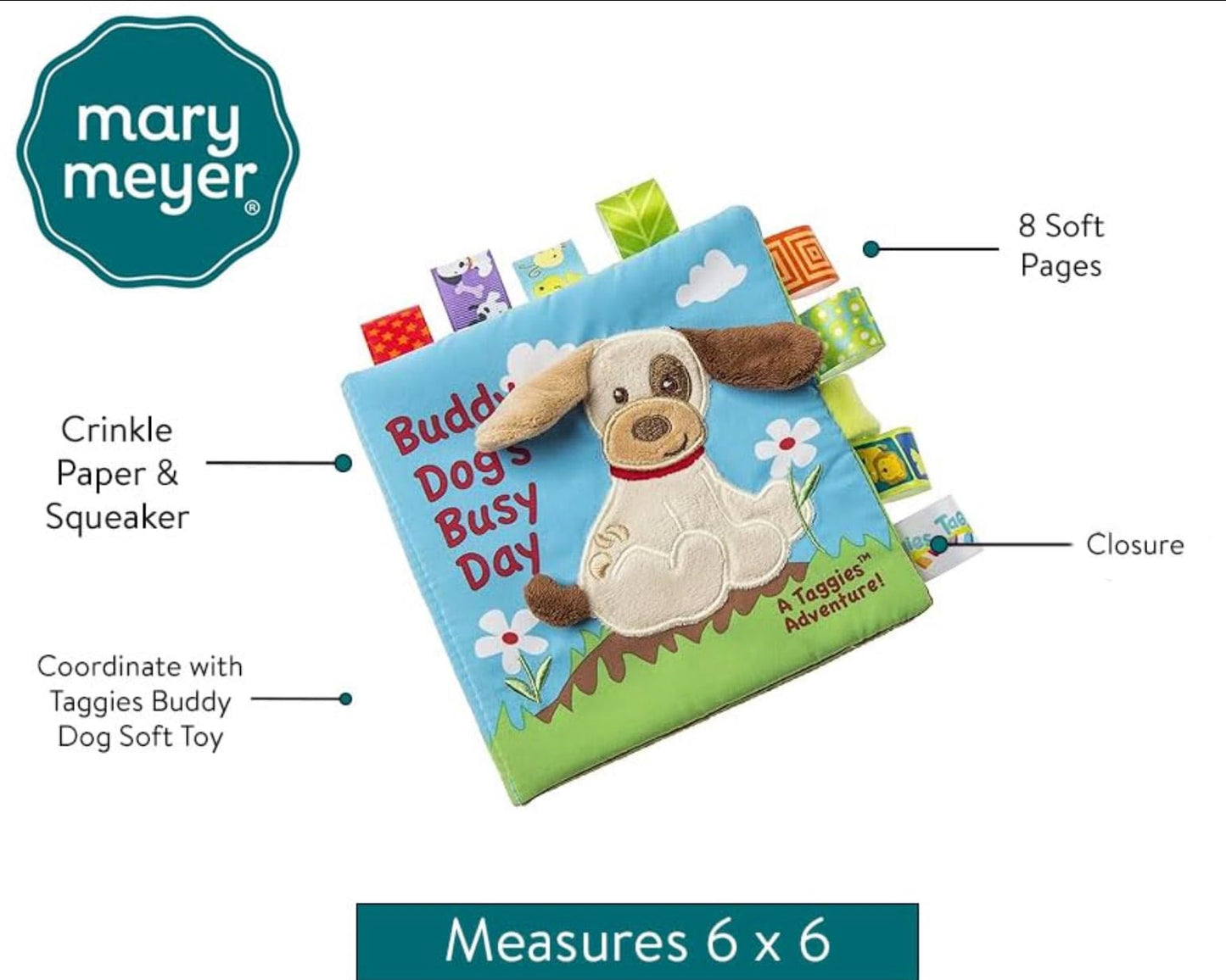 Mary Meyer Taggies Buddy Dog Soft Cloth Book – Crinkle, Squeaker, & Sensory Play for Baby