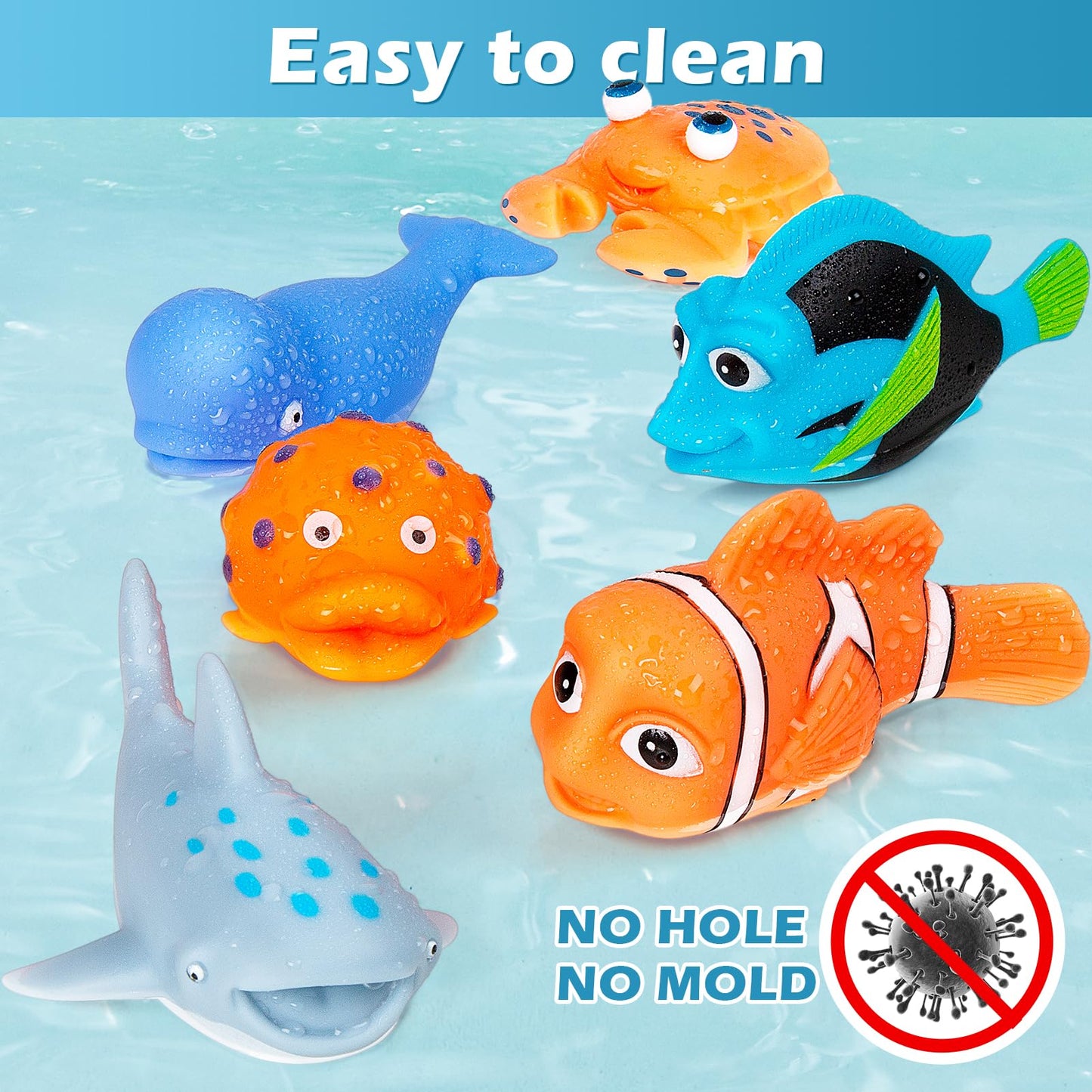 Masagotti No-Hole Mold-Free Baby Bath Toys Set – 6 Sea Creatures + Storage Bag