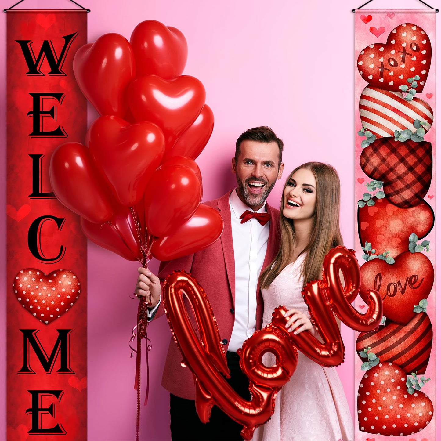 MASHAN Valentines Door Banner Set – 71x12in Welcome & Love Heart (Buffalo Plaid)