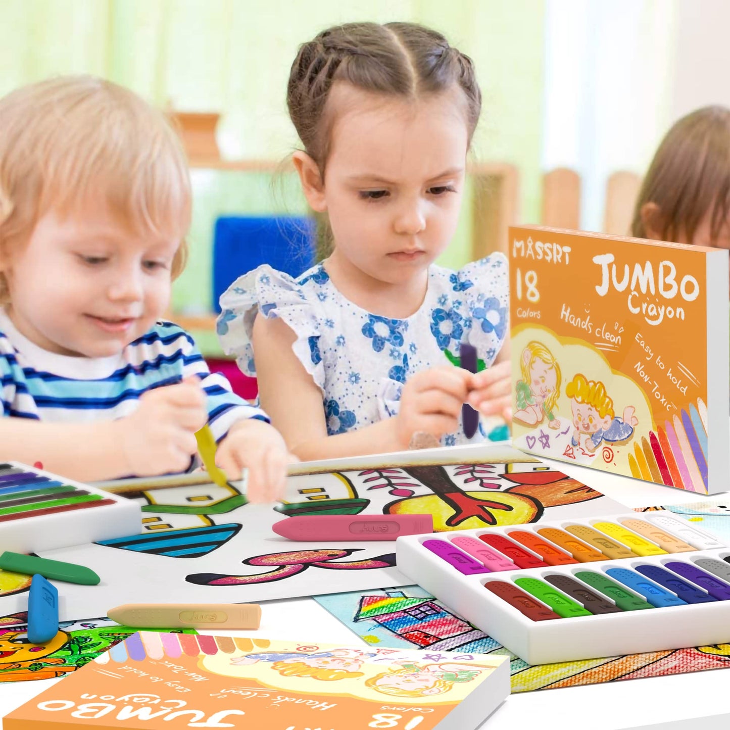 MASSRT Triangle Jumbo Crayons for Toddlers – Mess-Free, Unbreakable Color Set with 18 Colors