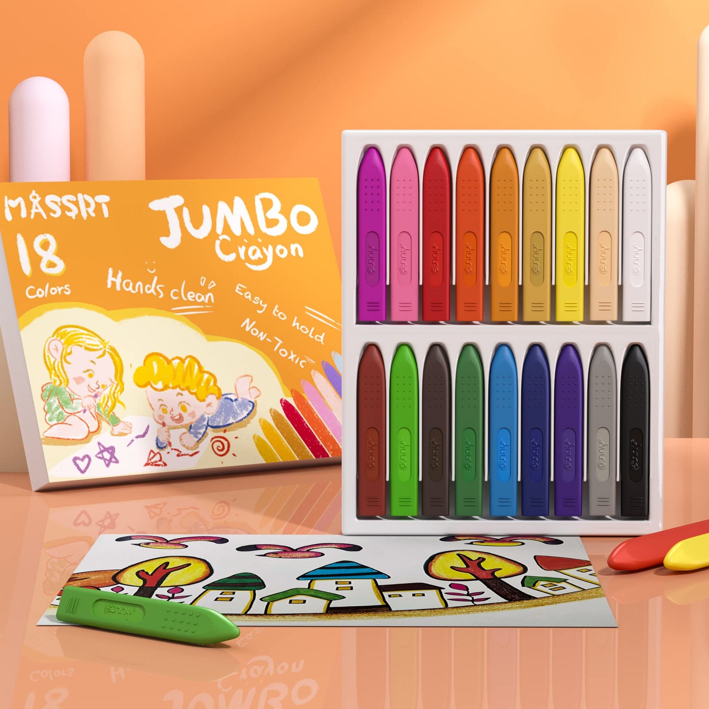 MASSRT Triangle Jumbo Crayons for Toddlers – Mess-Free, Unbreakable Color Set with 18 Colors