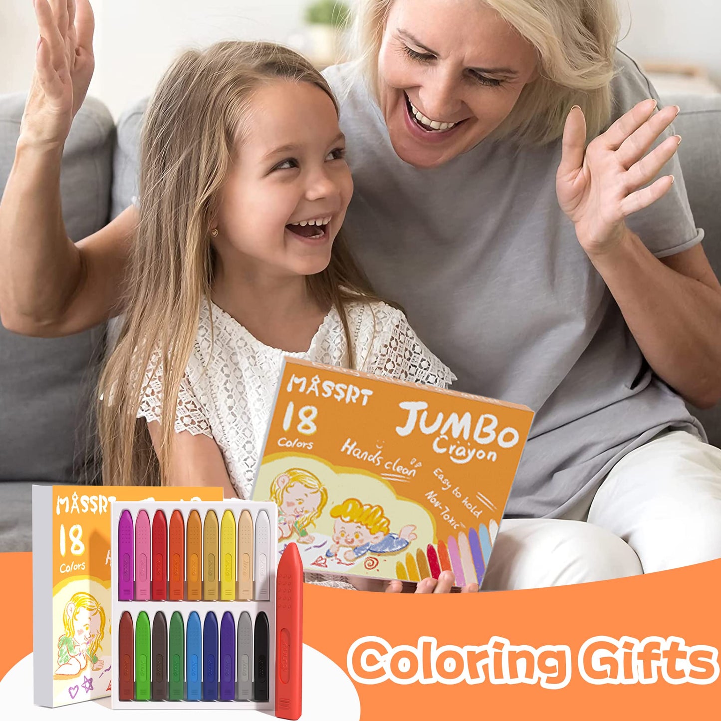 MASSRT Triangle Jumbo Crayons for Toddlers – Mess-Free, Unbreakable Color Set with 18 Colors