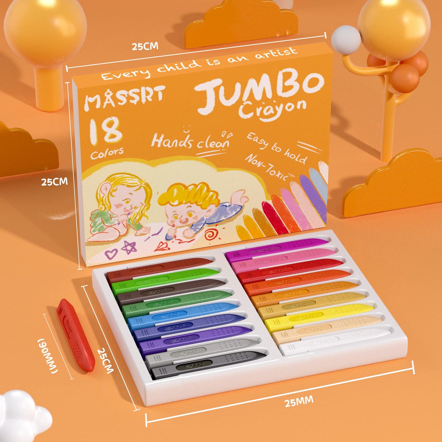 MASSRT Triangle Jumbo Crayons for Toddlers – Mess-Free, Unbreakable Color Set with 18 Colors