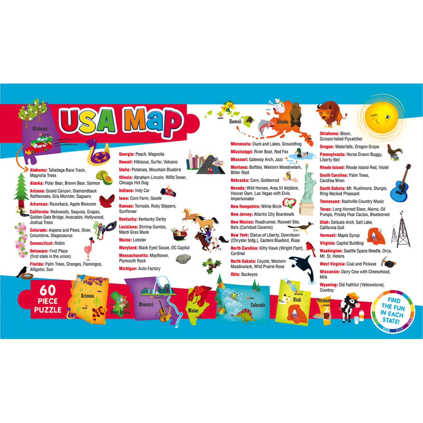 MasterPieces 60-Piece USA Map State-Shaped Puzzle for Kids – 16.5 x 12.75