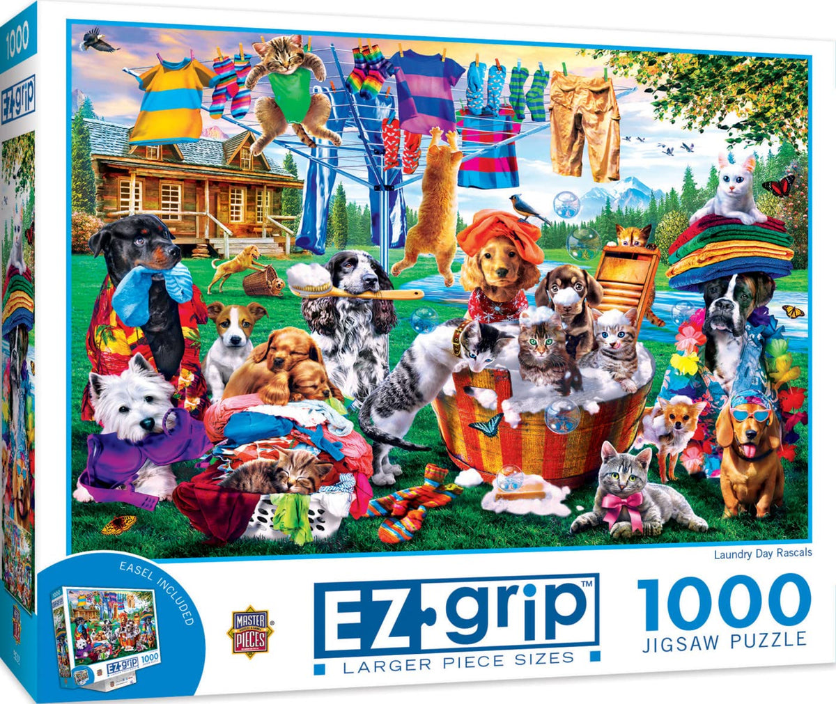 Masterpieces EZ Grip 1000-Piece Jigsaw Puzzle – Laundry Day Rascals (23.5 x 34 inches)