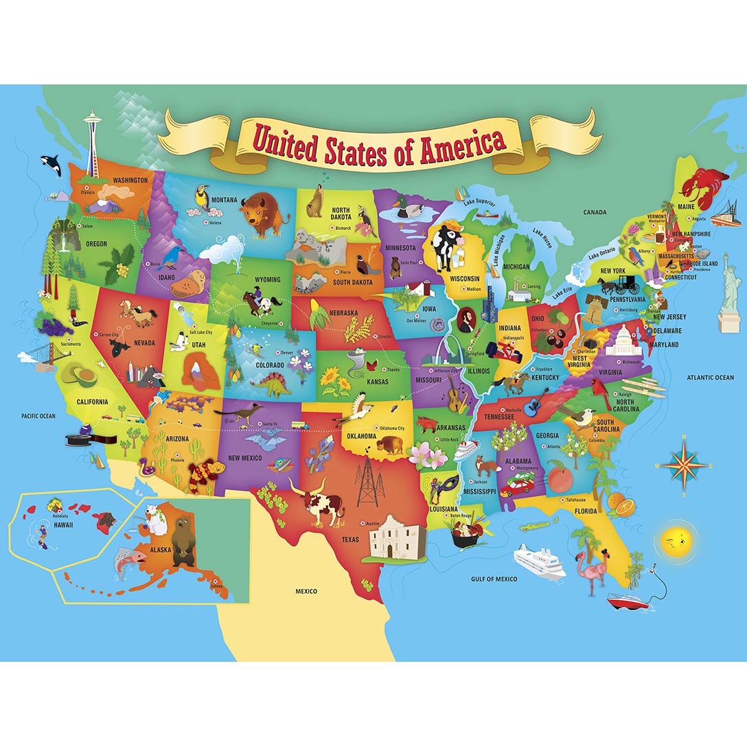 MasterPieces 60-Piece USA Map State-Shaped Puzzle for Kids – 16.5 x 12.75
