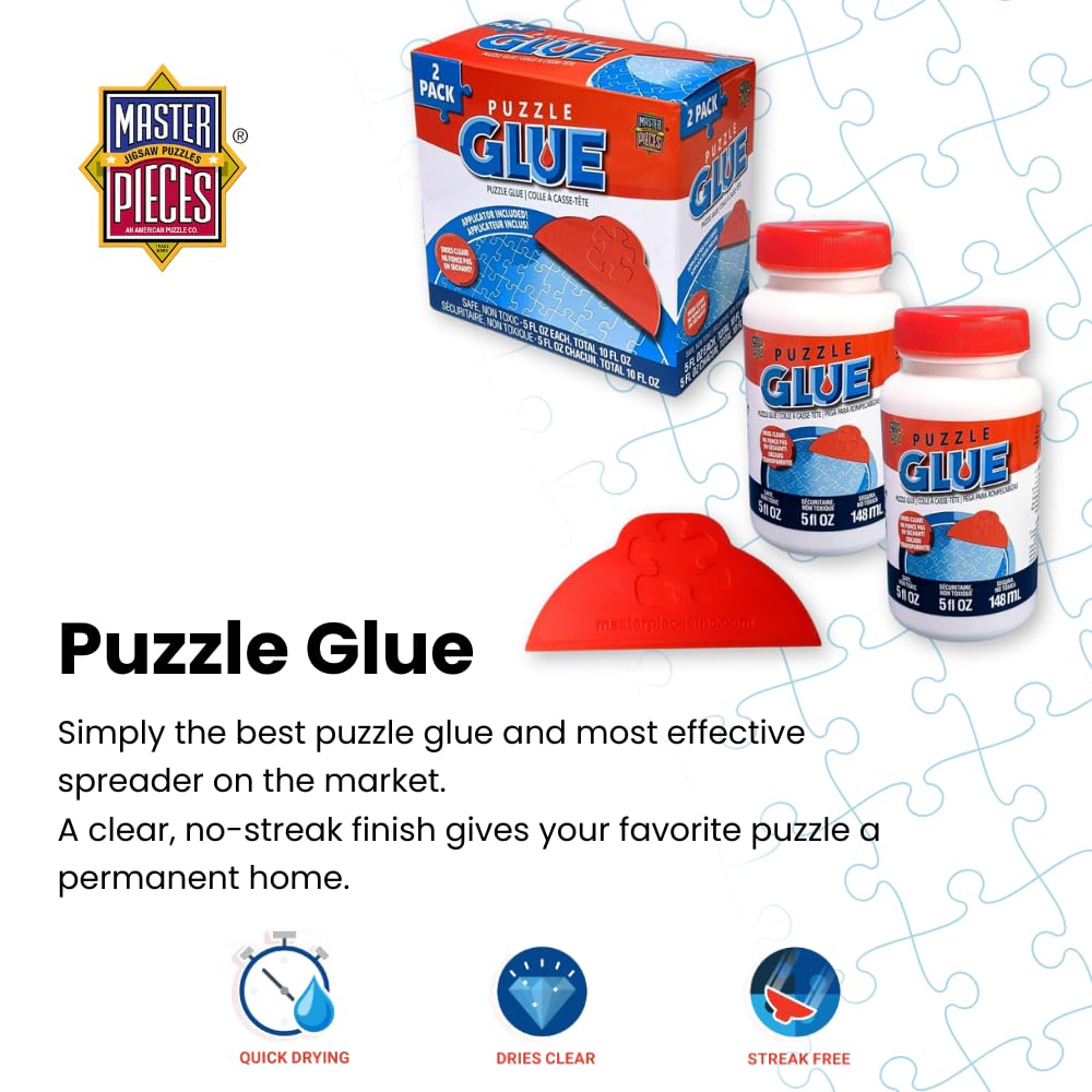 MasterPieces Puzzle Glue with Wide Plastic Spreader – Quick-Dry, Clear Finish, 2-Pack, 5 oz Each