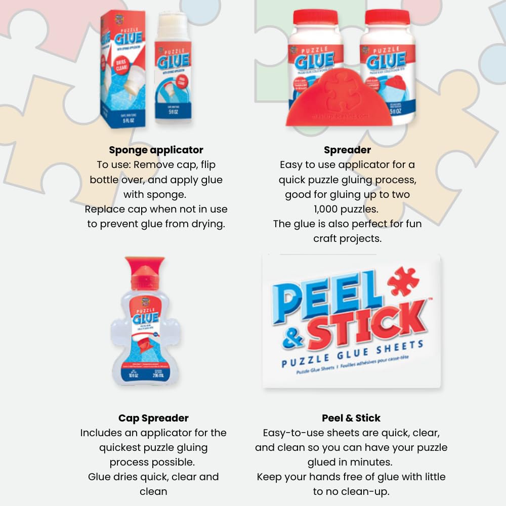 MasterPieces Puzzle Glue with Wide Plastic Spreader – Quick-Dry, Clear Finish, 2-Pack, 5 oz Each