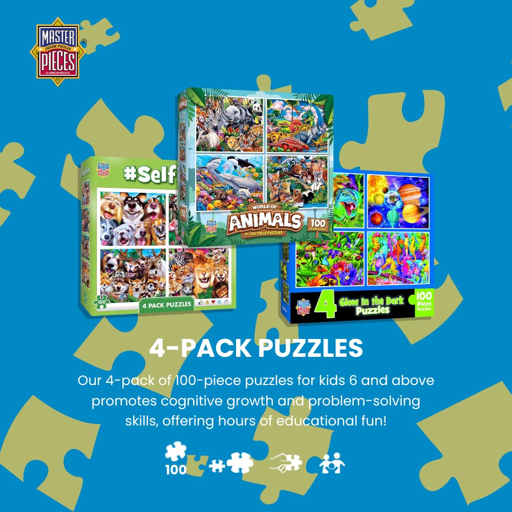 MasterPieces Jigsaw Puzzle Set 4-Pack – 100-Piece Puzzles, Purple Glow in the Dark Collection, for Kids 6+