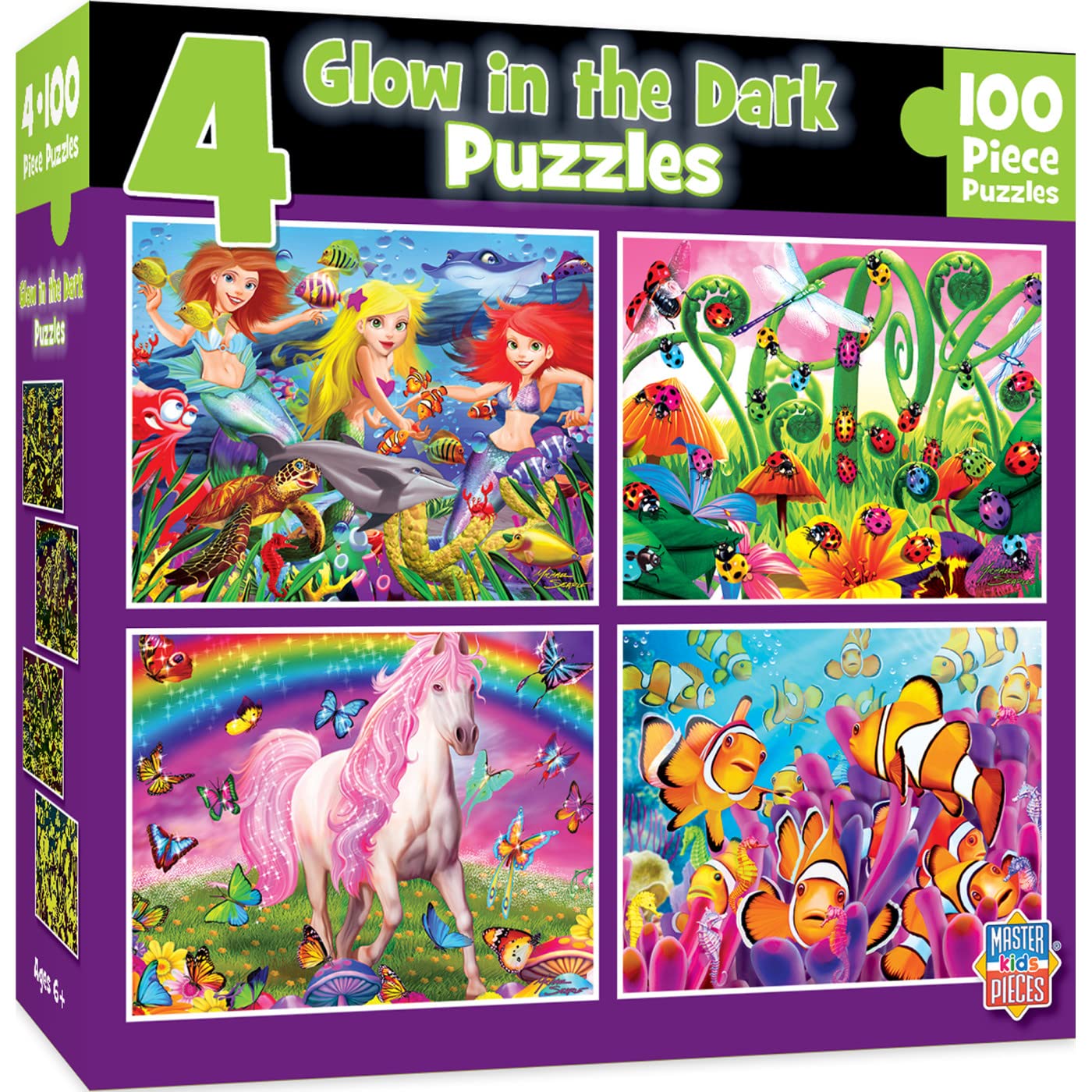 MasterPieces Jigsaw Puzzle Set 4-Pack – 100-Piece Puzzles, Purple Glow in the Dark Collection, for Kids 6+