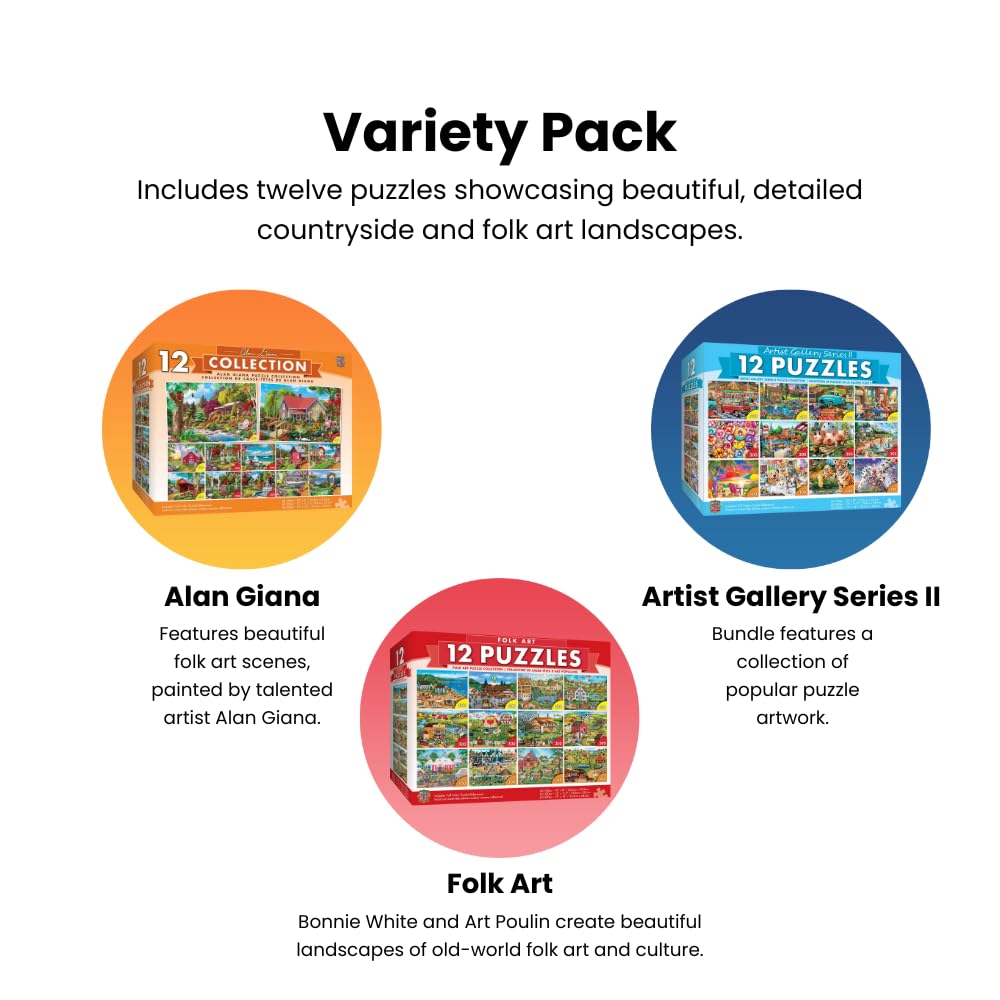 MasterPieces 12-Pack Jigsaw Puzzles Bundle — 500, 300 & 100 Piece Sets